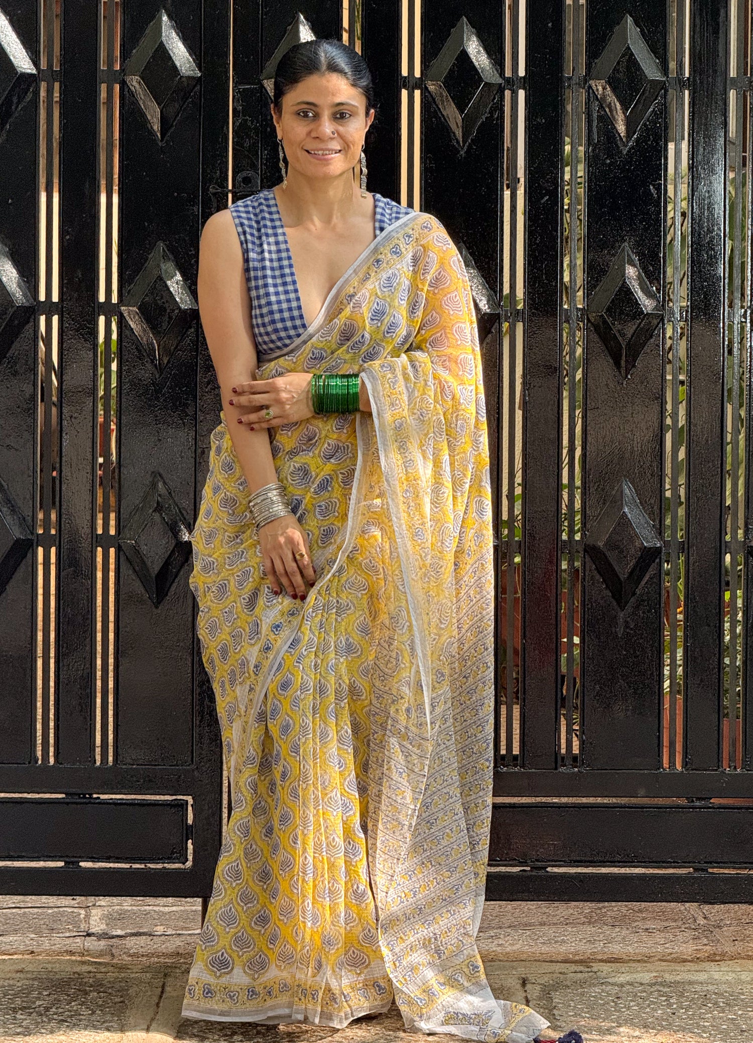 Handblock Printed Kota Dorai Saree With Hand Embroidered Running Stitch.
