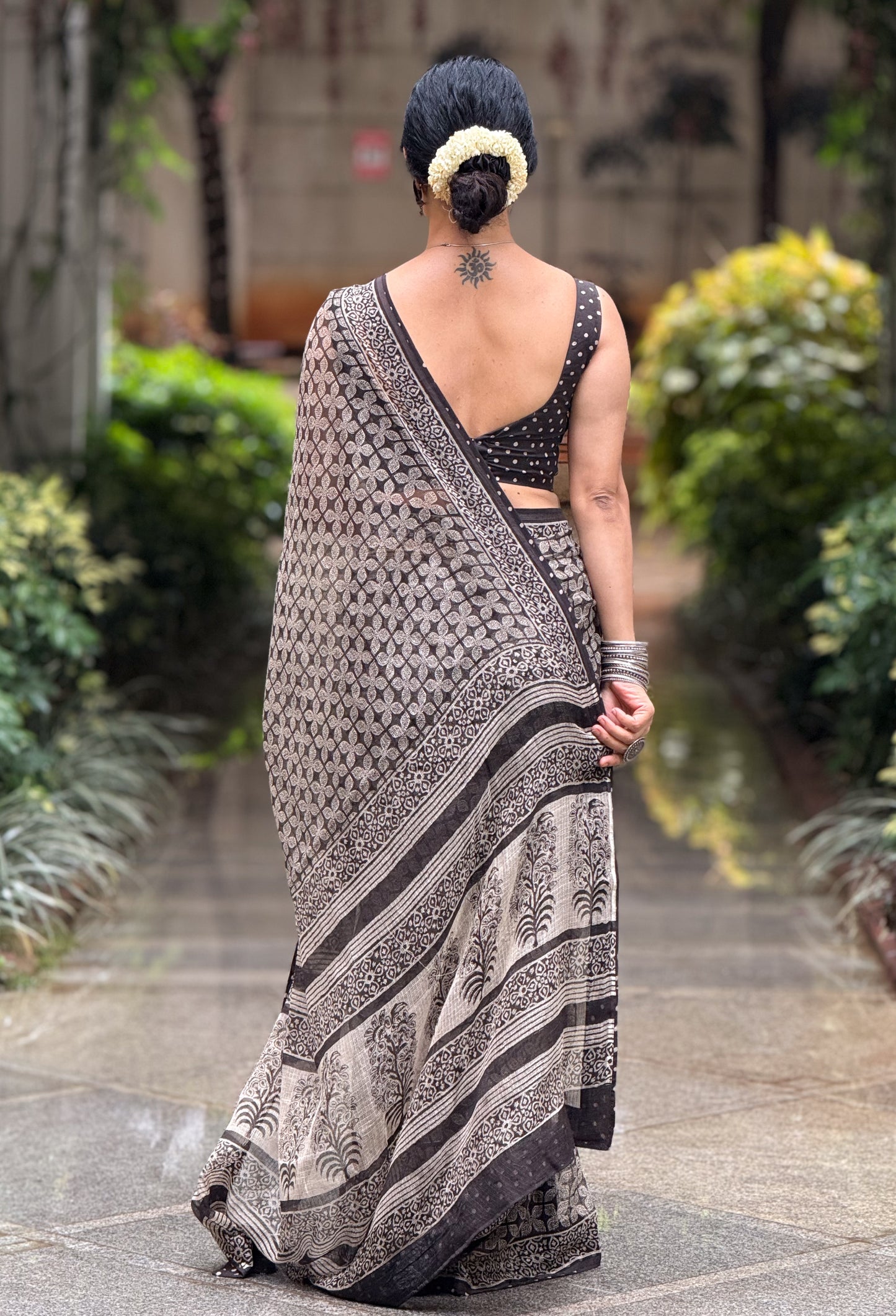 Handmade Natural Dyed Handblock Bagru / Dabu Printed Kota Doria Saree With Dabu Patch Border.