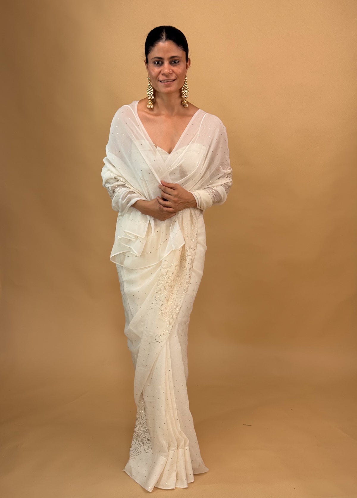 Pure Silk Georgette Saree with Handmade Mukaish Kamdani & Beads and Pearl Embroidered