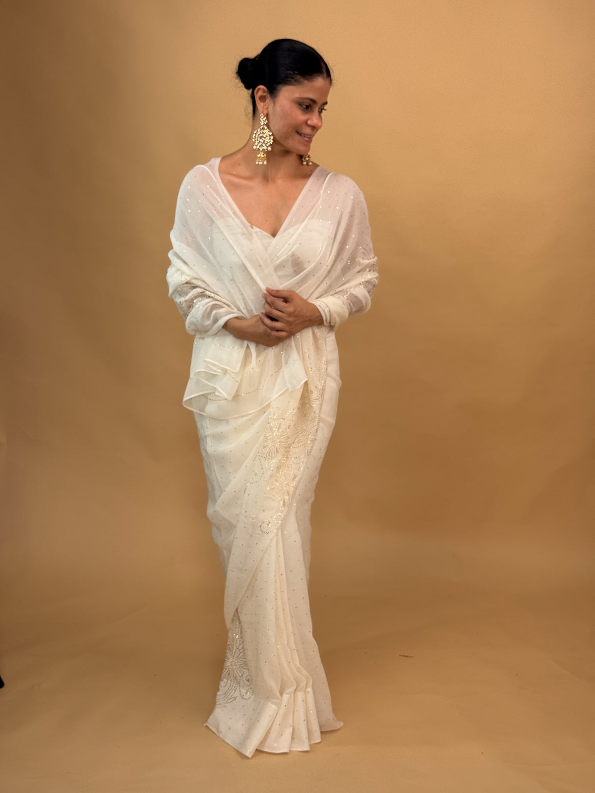 Pure Silk Georgette Saree with Handmade Mukaish Kamdani & Beads and Pearl Embroidered