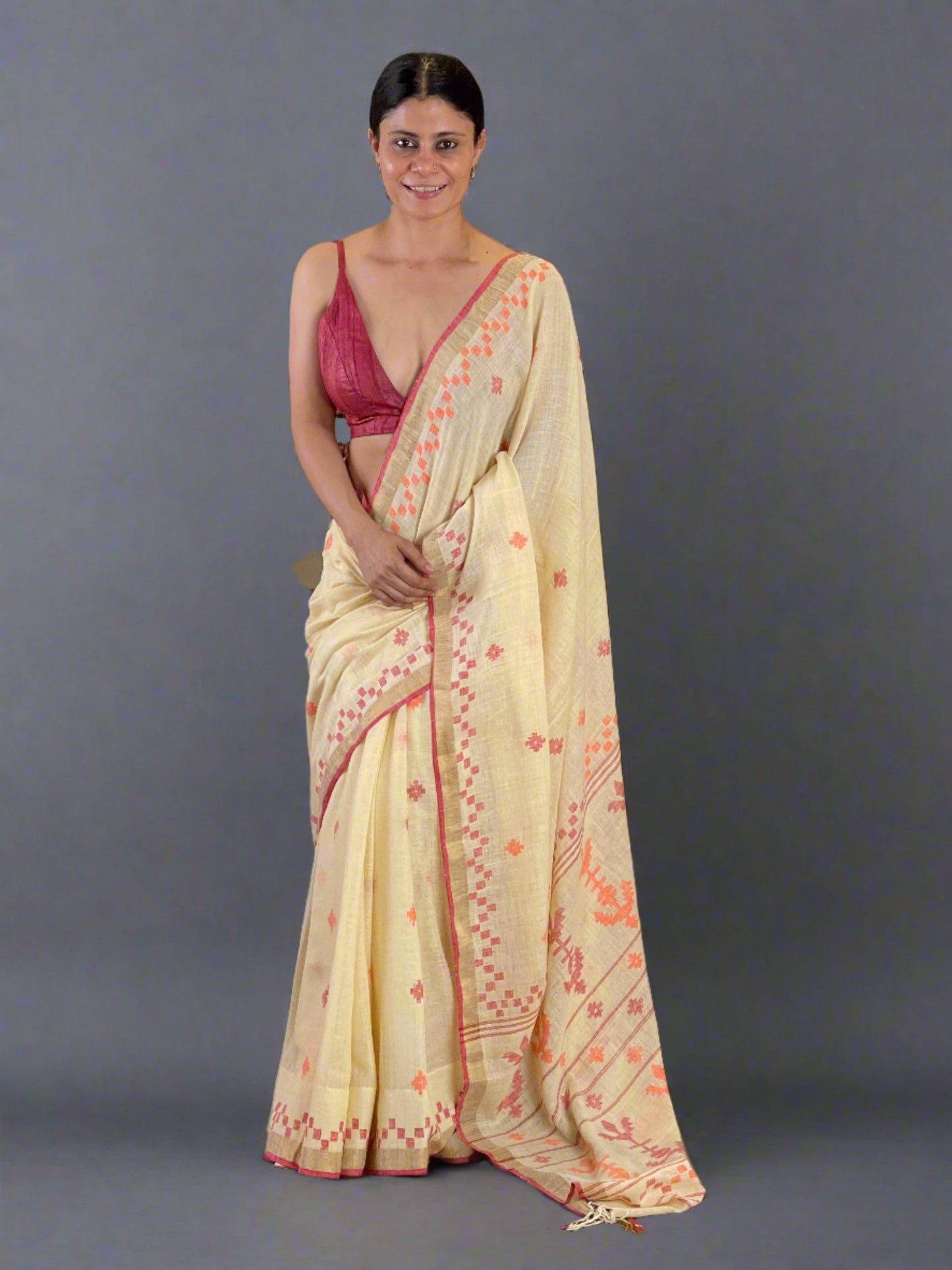 Handwoven Jamdani Linen Saree
