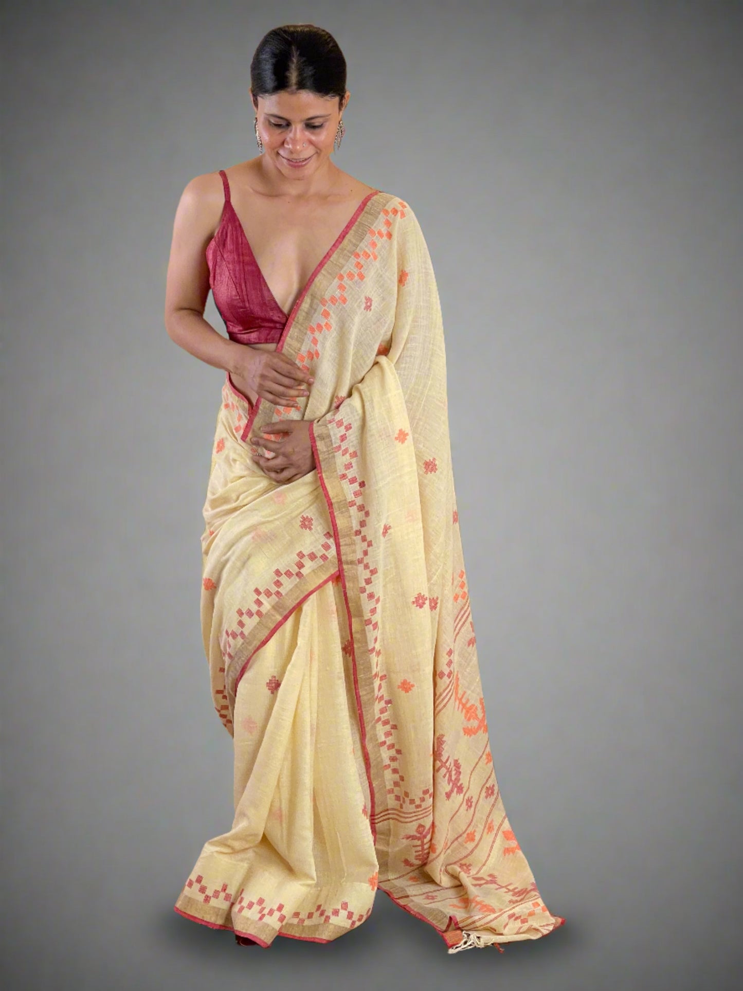 Handwoven Jamdani Linen Saree