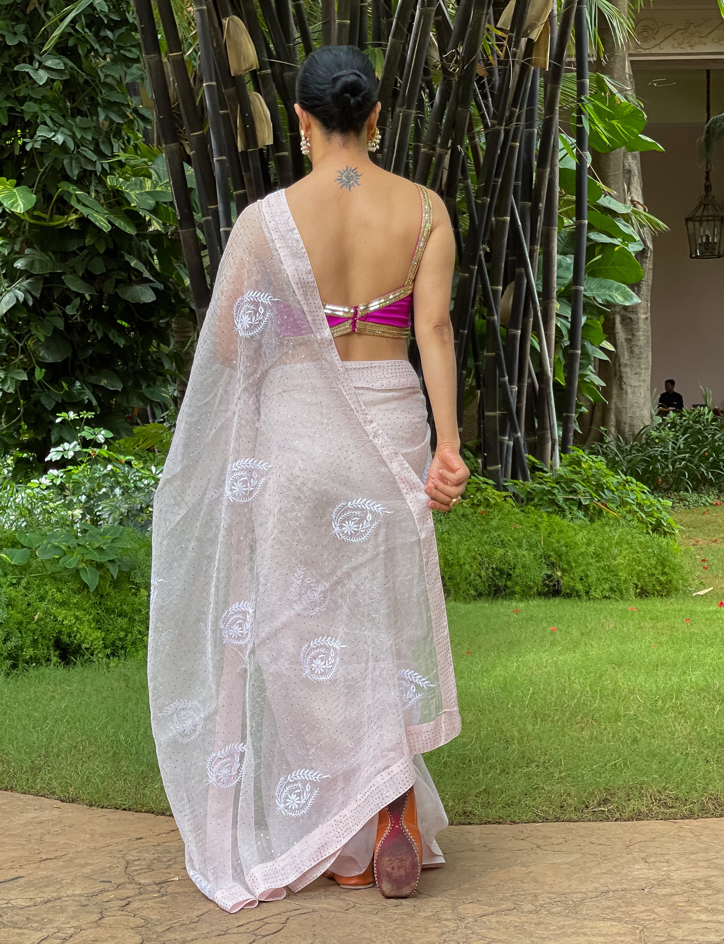 Hand Embroidered Silk Organza Chikankari & Mukaish Kamdani Embroidery.