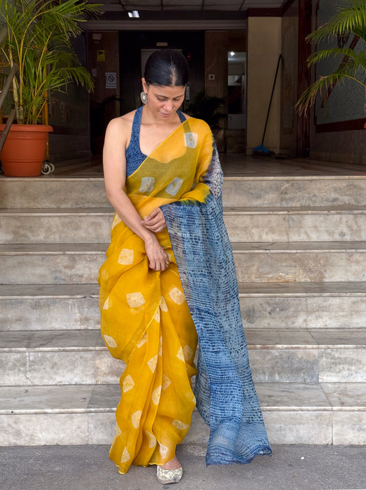 Handloom Organza Silk Saree in Handmade Shibori In Natural Dyed.