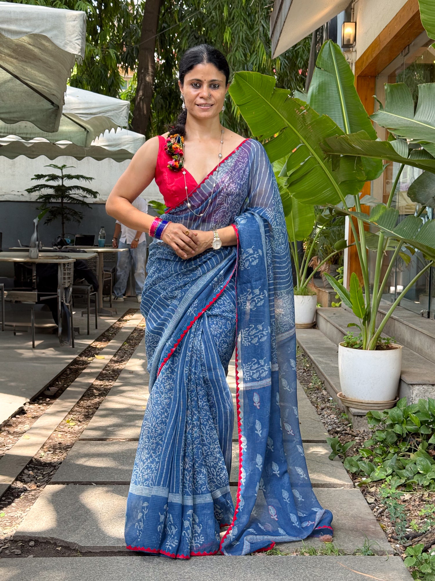 Hand block & Applique Hand Embroidered Kota Doria Saree