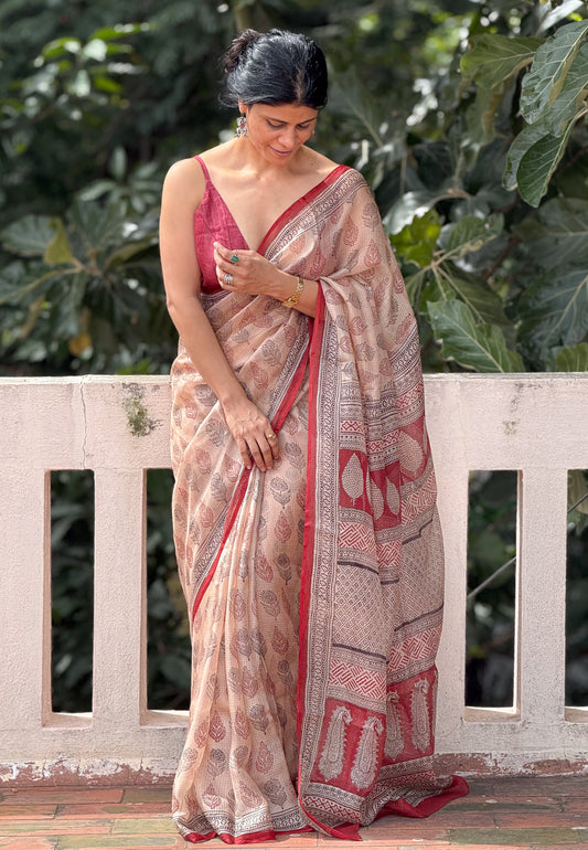 Handloom Kota Silk With Handblock Bagh Printed.