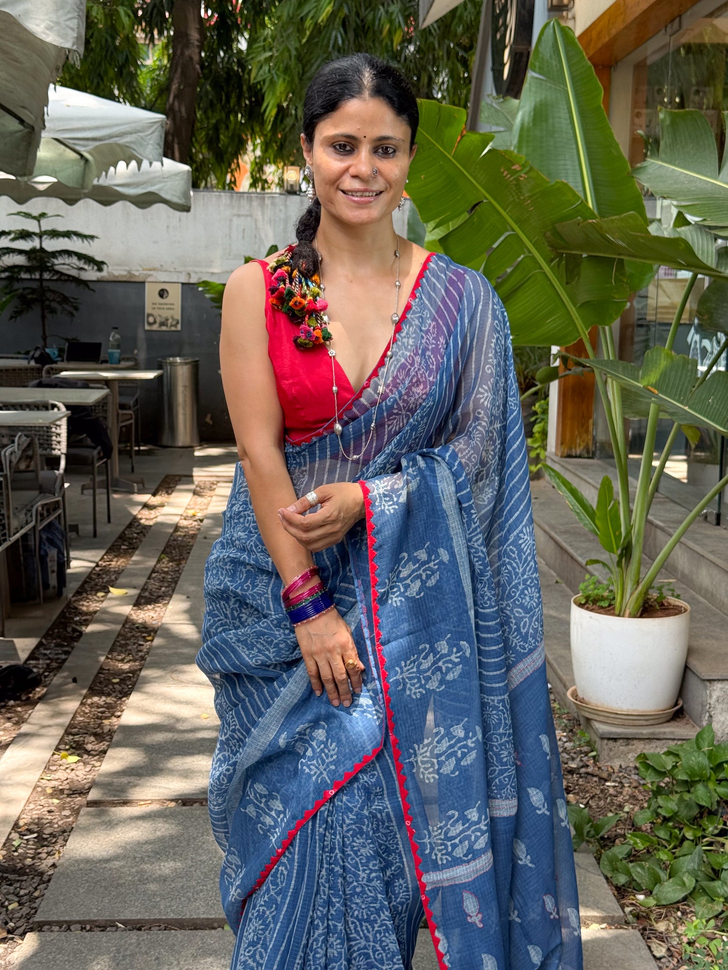 Hand block & Applique Hand Embroidered Kota Doria Saree