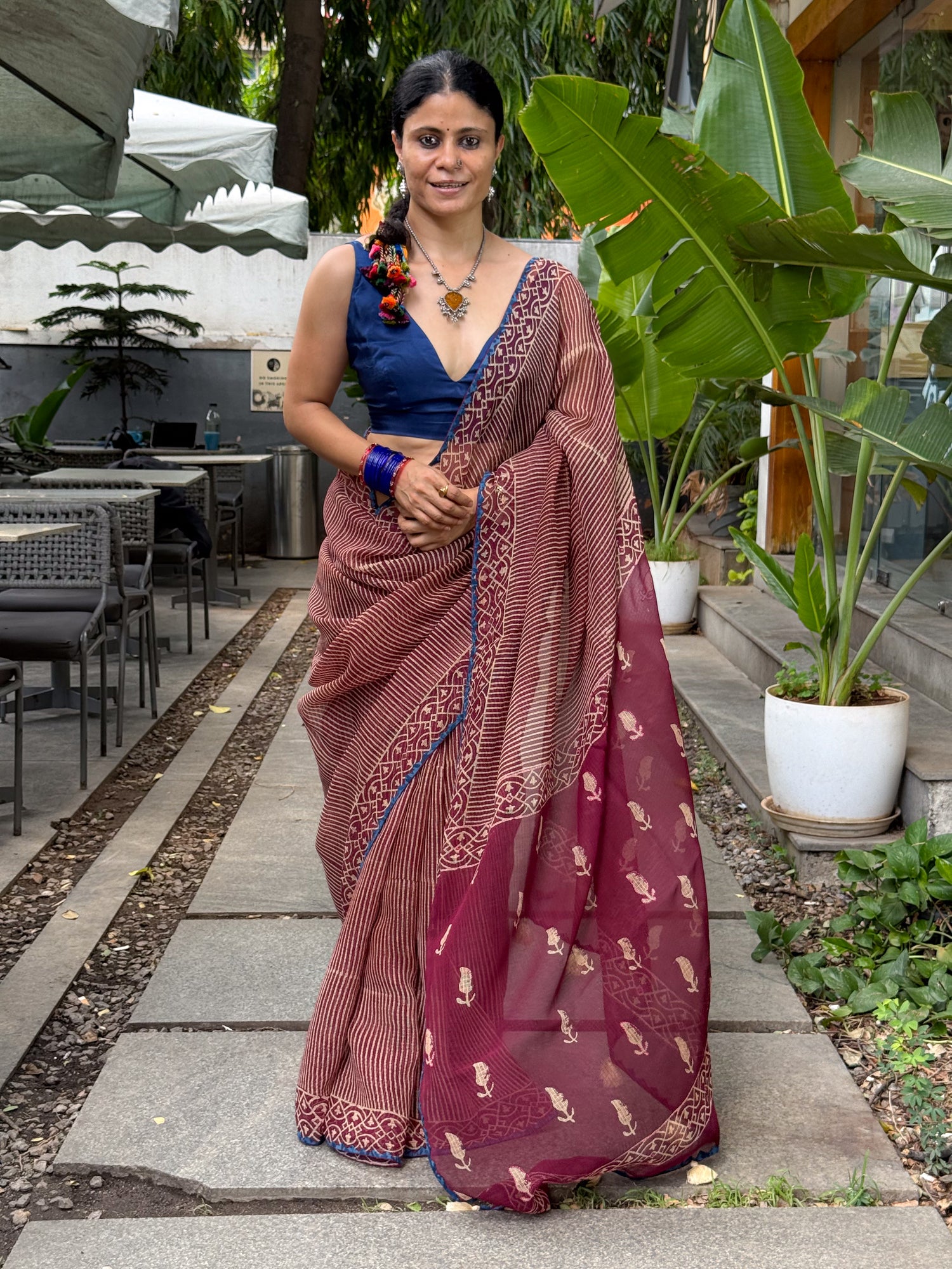 Hand block & Applique Hand Embroidered Kota Doria Saree