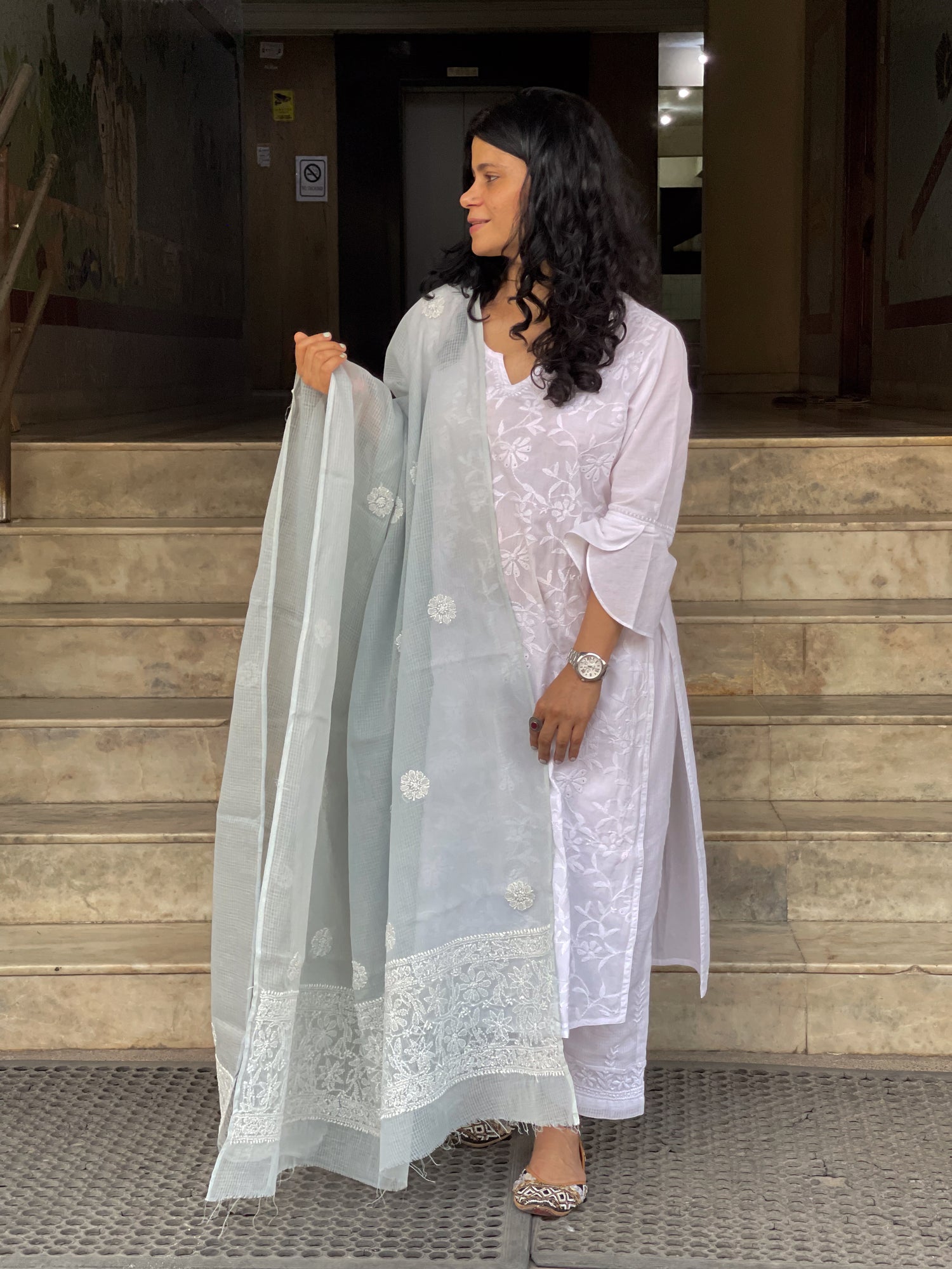 Hand Embroidered  Chikankari Kota Doria Dupatta
