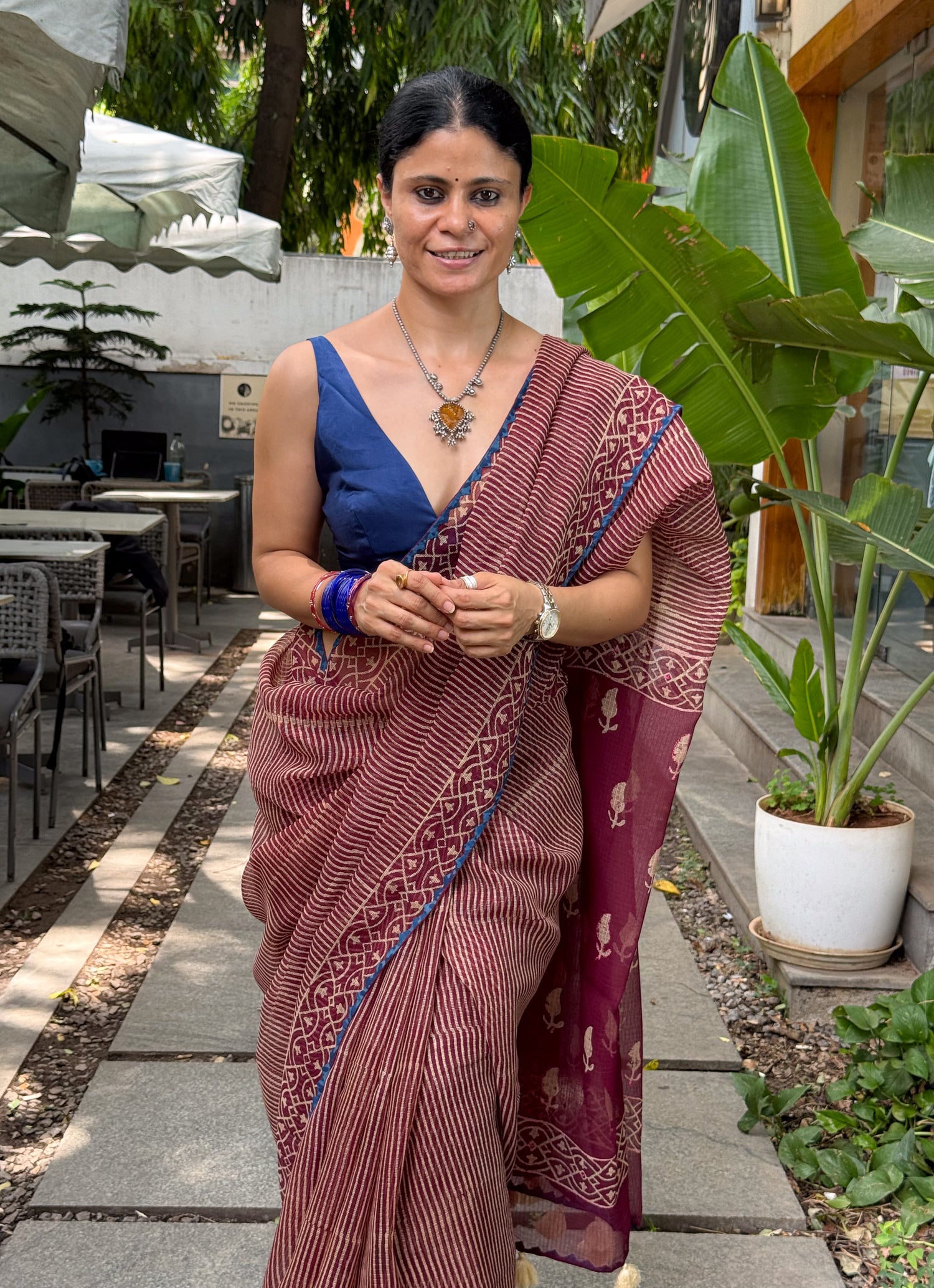 Hand block & Applique Hand Embroidered Kota Doria Saree