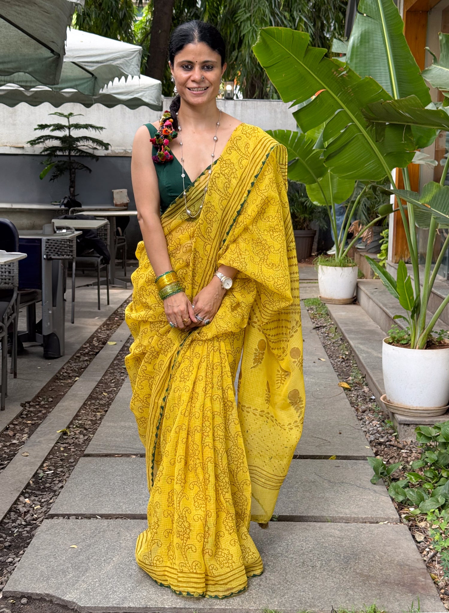 Hand block & Applique Hand Embroidered Kota Doria Saree