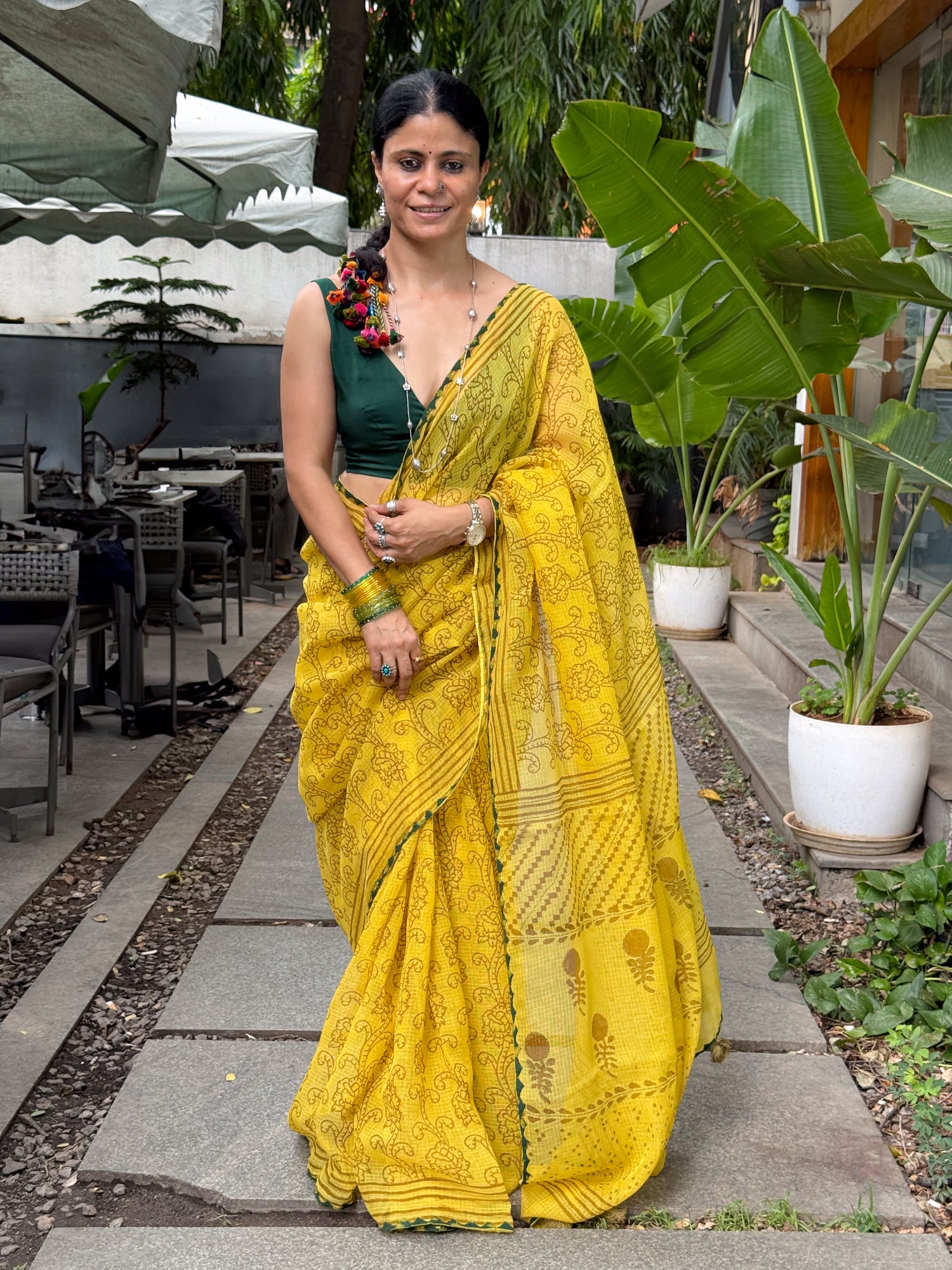 Hand block & Applique Hand Embroidered Kota Doria Saree