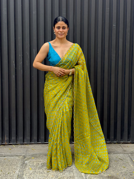 Handloom Hand Block Printed & Hand Embroidered Kota Silk Saree