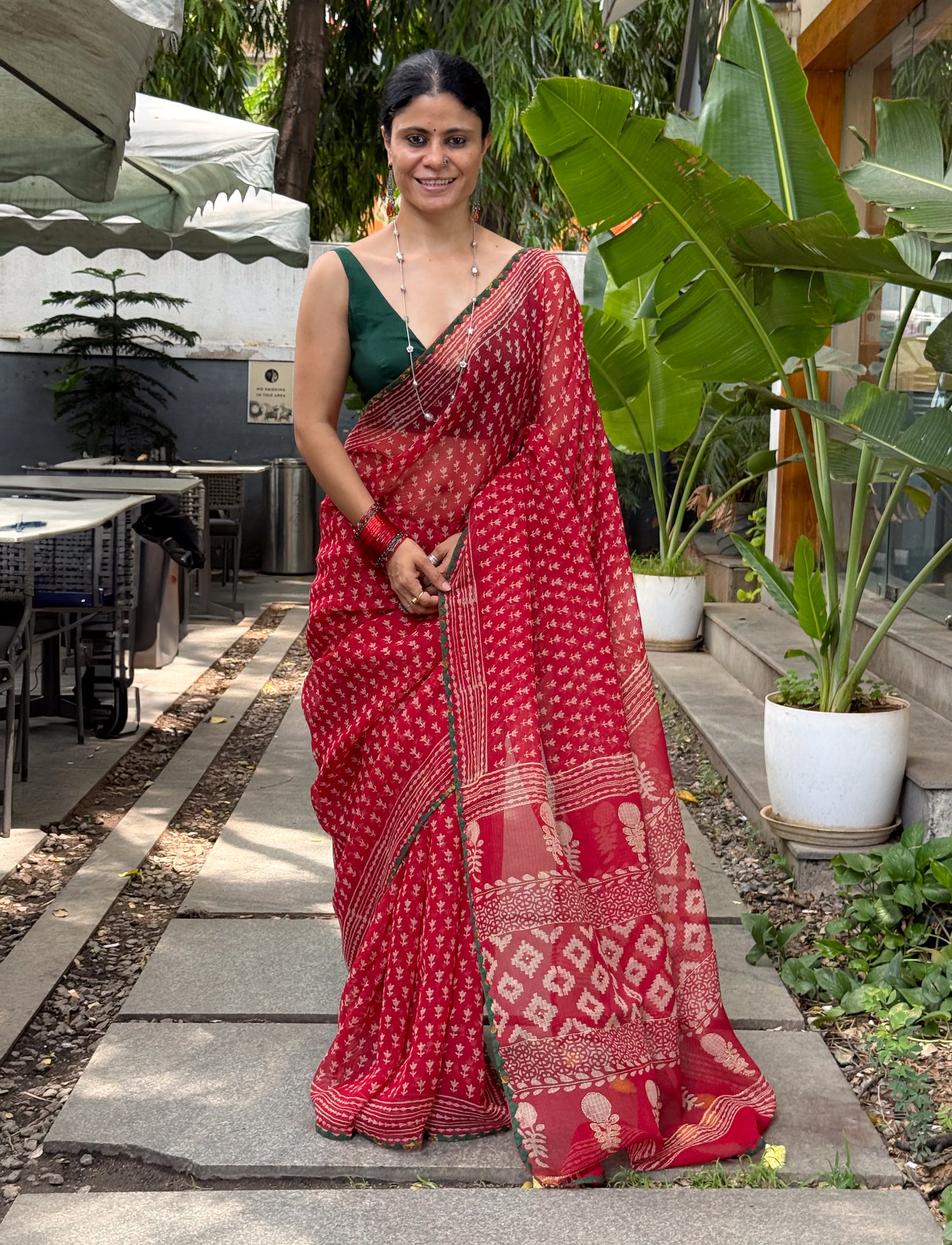 Hand block & Applique Hand Embroidered Kota Doria Saree