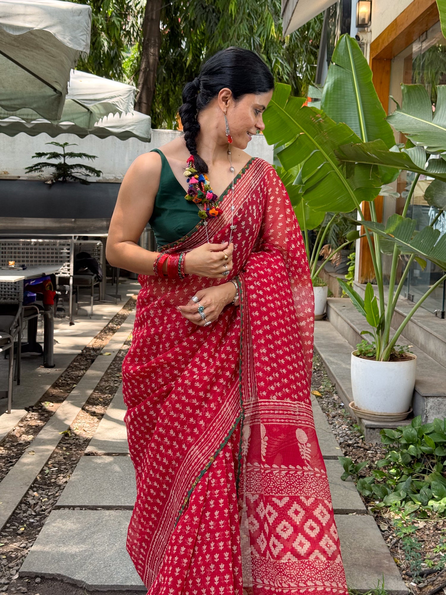 Hand block & Applique Hand Embroidered Kota Doria Saree