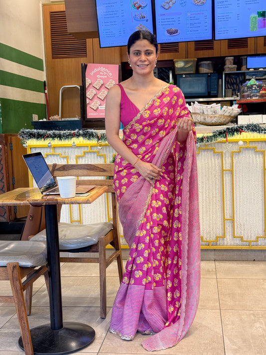 Handloom Hand Block Printed & Hand Embroidered Mulberry Silk Saree