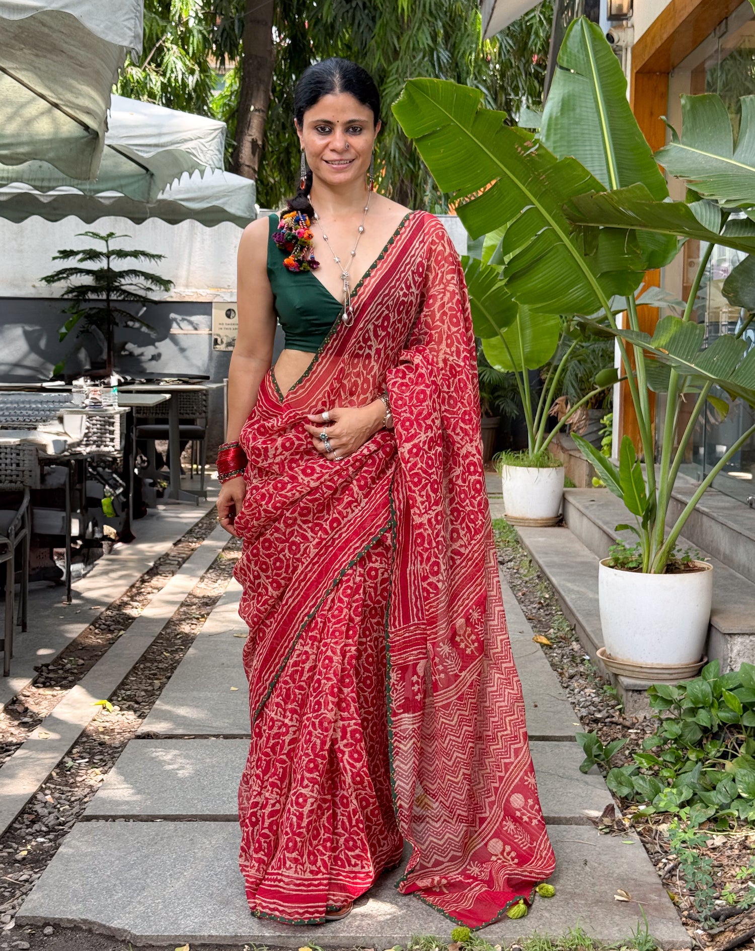 Hand block & Applique Hand Embroidered Kota Doria Saree