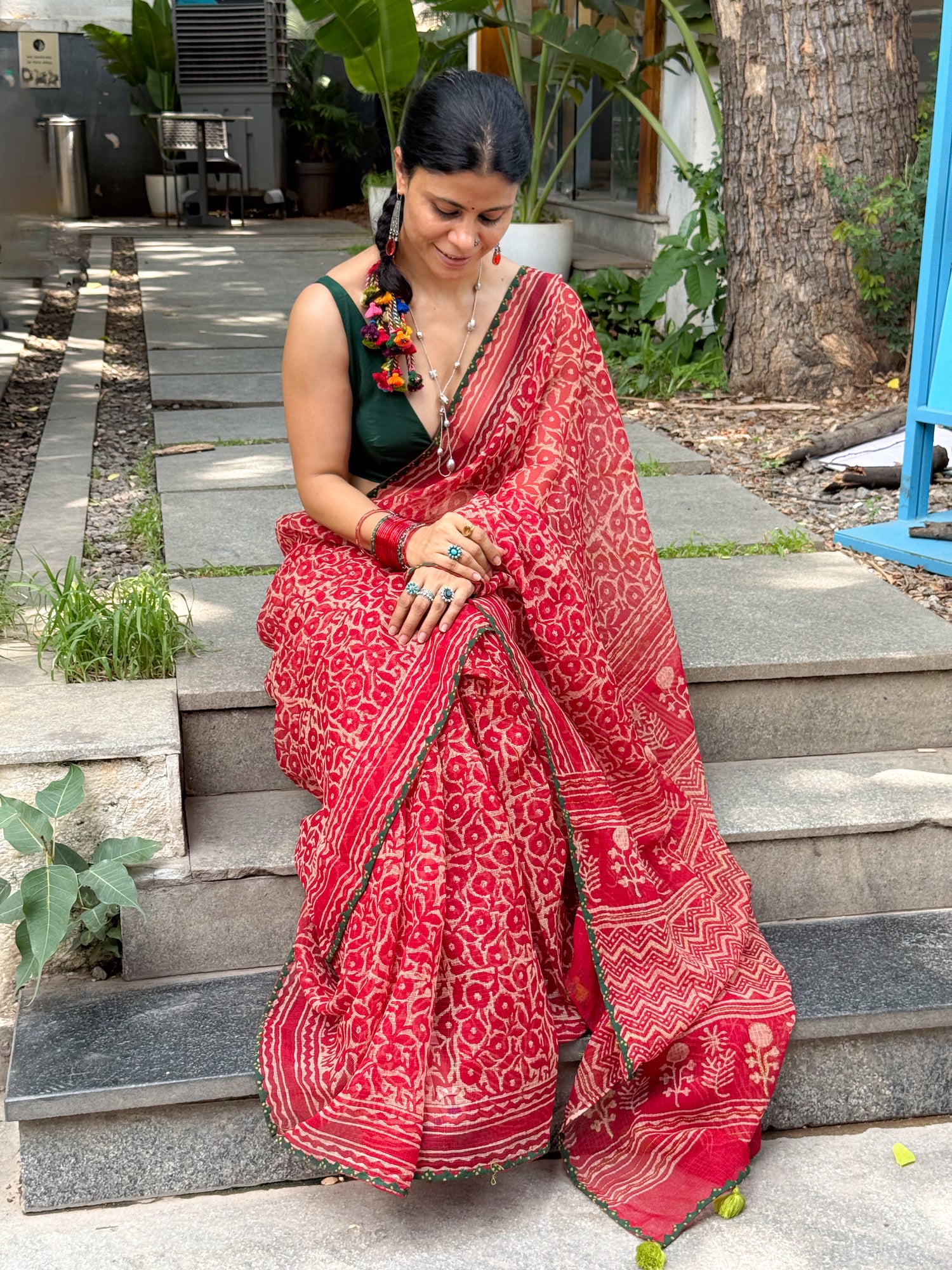 Hand block & Applique Hand Embroidered Kota Doria Saree