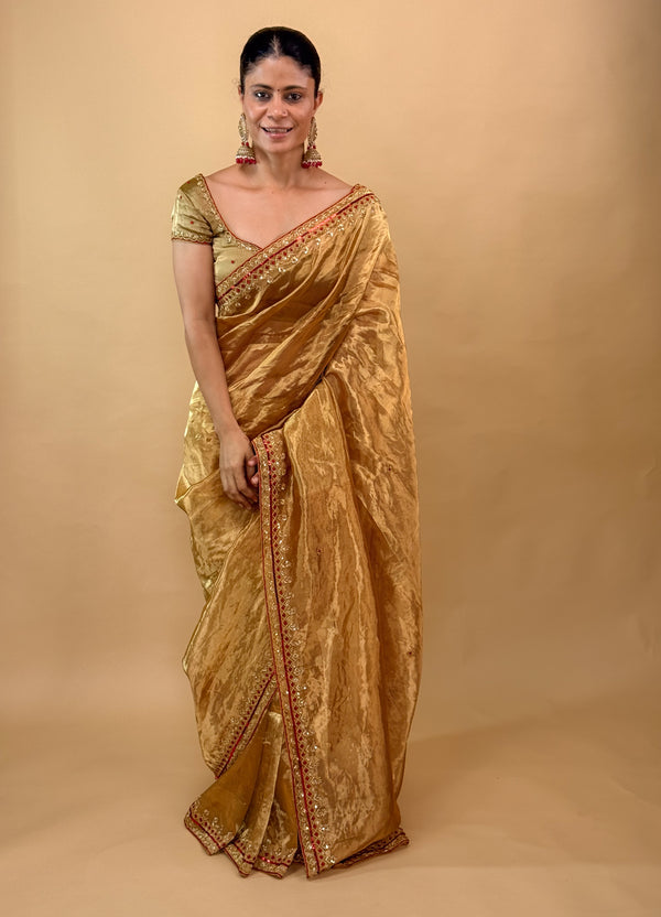Zardozi & Beads Hand Embroidered Handloom Tissue Silk Saree.