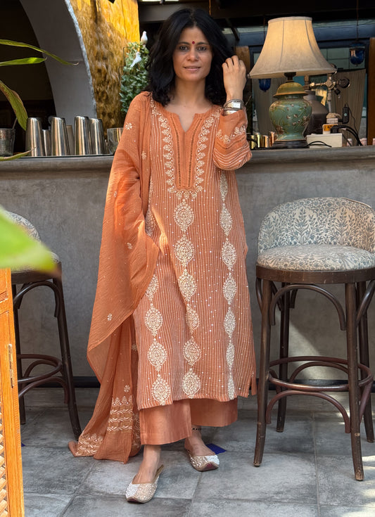 Pure Chanderi Muslin Chikankari & Beads Embroidered Kurta & Dupatta