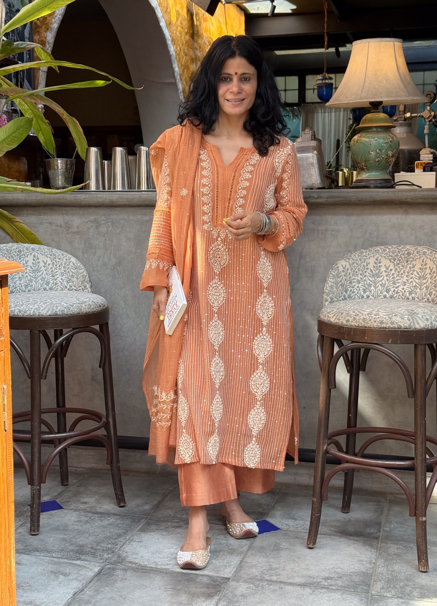 Pure Chanderi Muslin Chikankari & Beads Embroidered Kurta & Dupatta