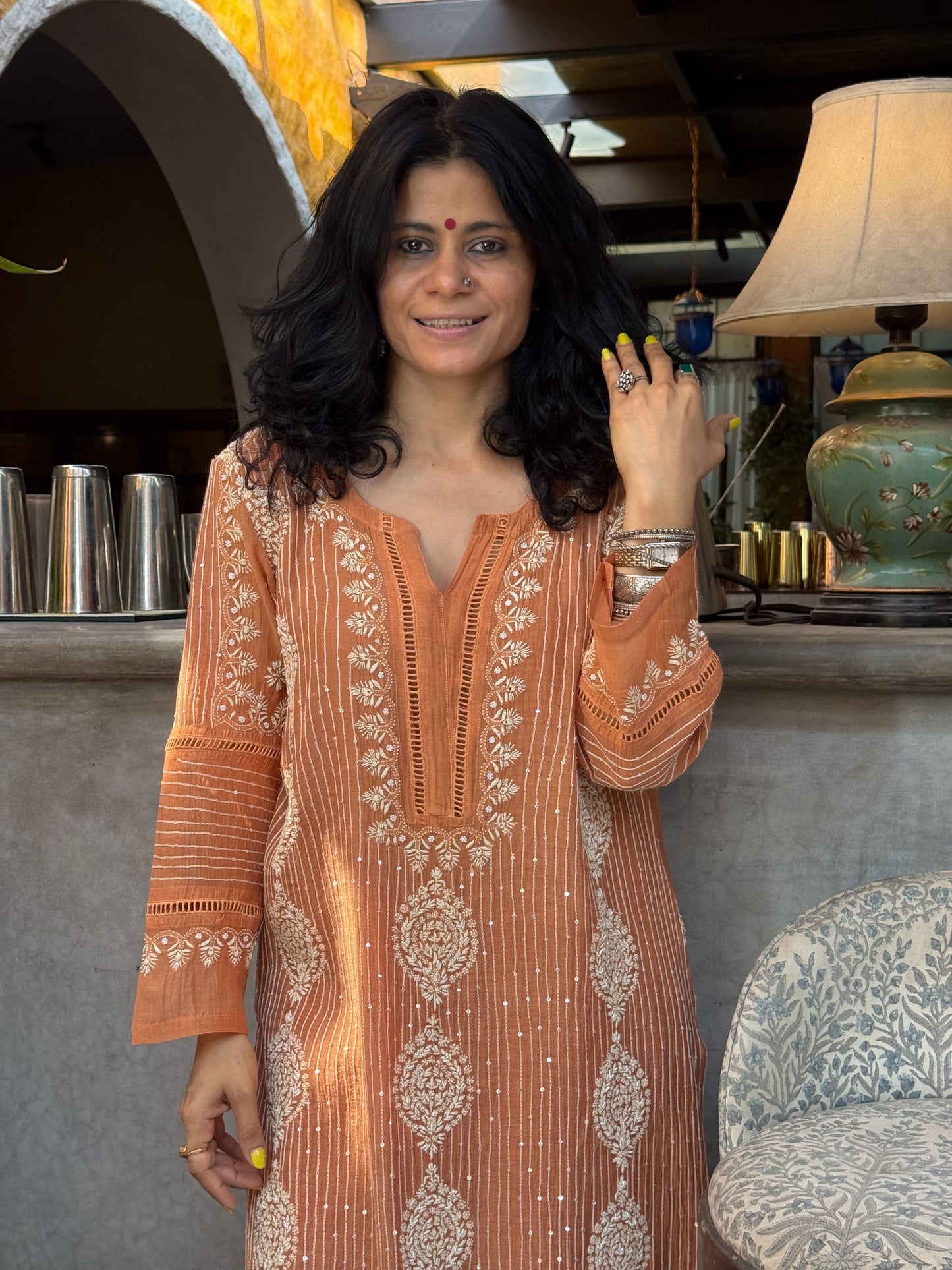 Pure Chanderi Muslin Chikankari & Beads Embroidered Kurta & Dupatta