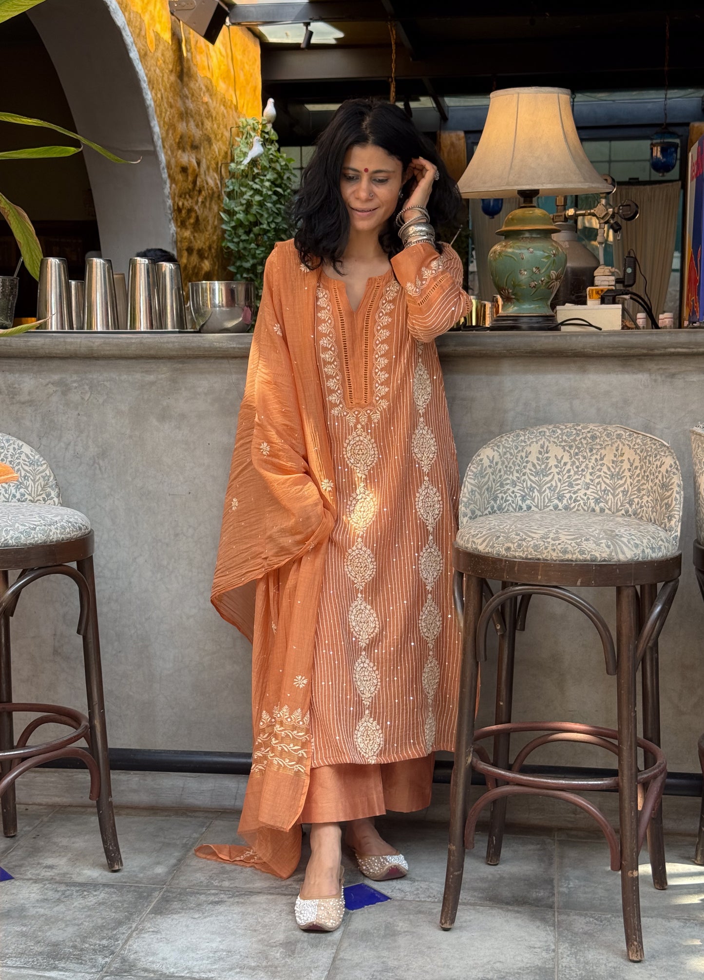 Pure Chanderi Muslin Chikankari & Beads Embroidered Kurta & Dupatta