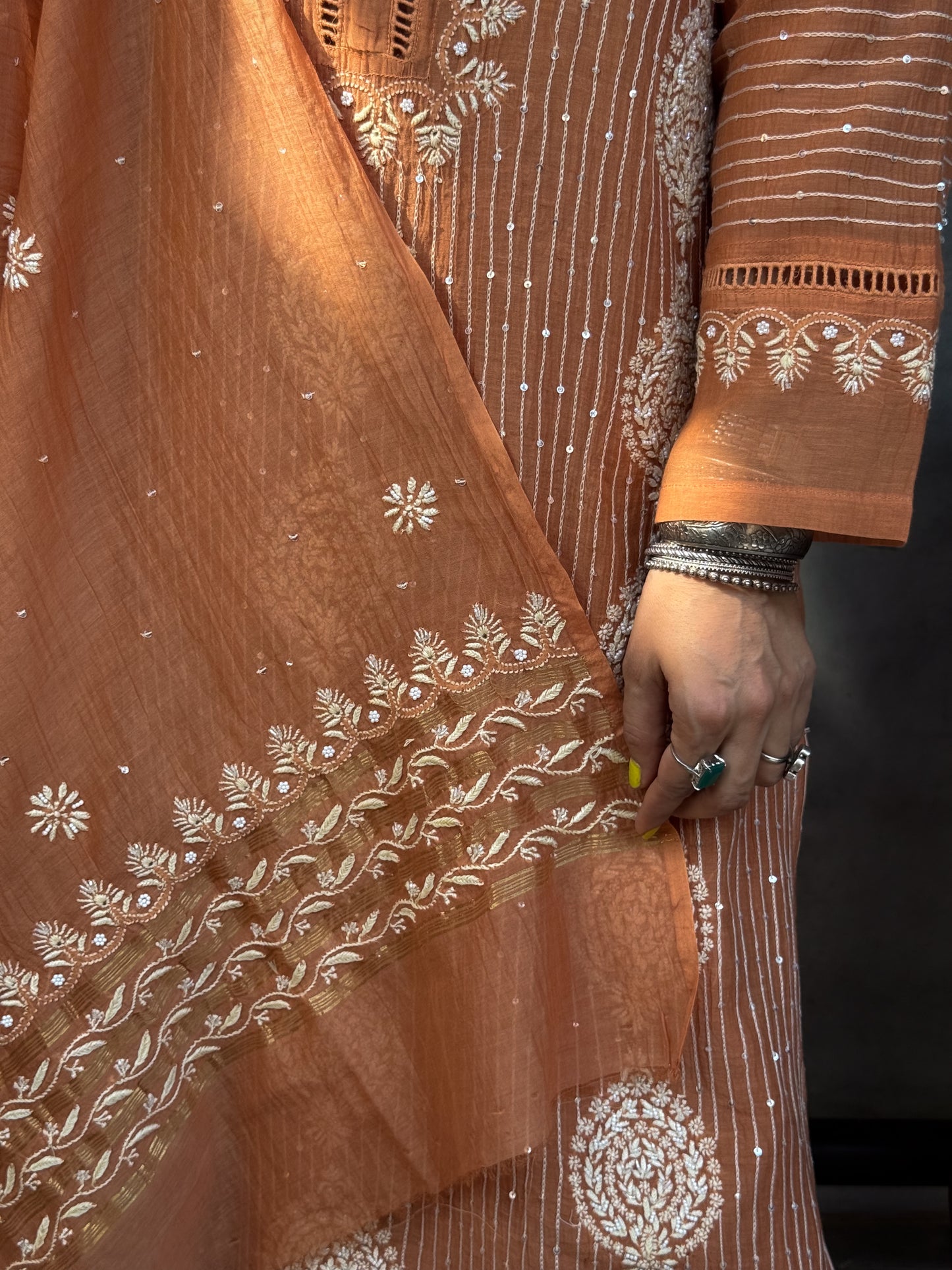 Pure Chanderi Muslin Chikankari & Beads Embroidered Kurta & Dupatta