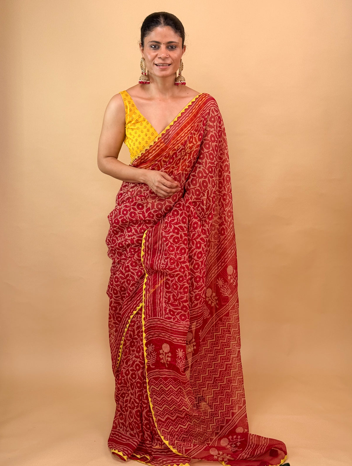 Hand block & Applique Hand Embroidered Kota Doria Saree