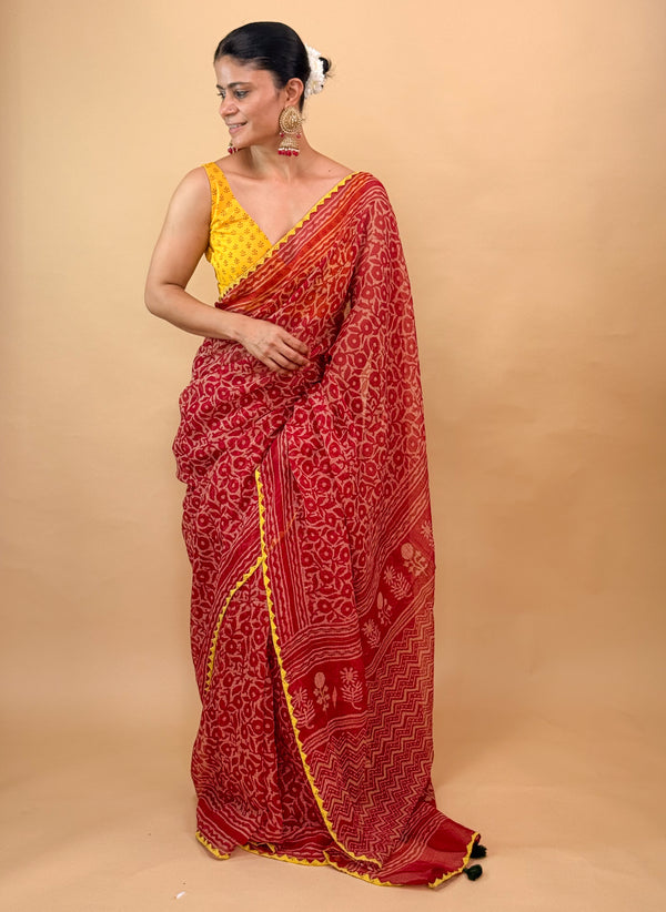 Hand block & Applique Hand Embroidered Kota Doria Saree