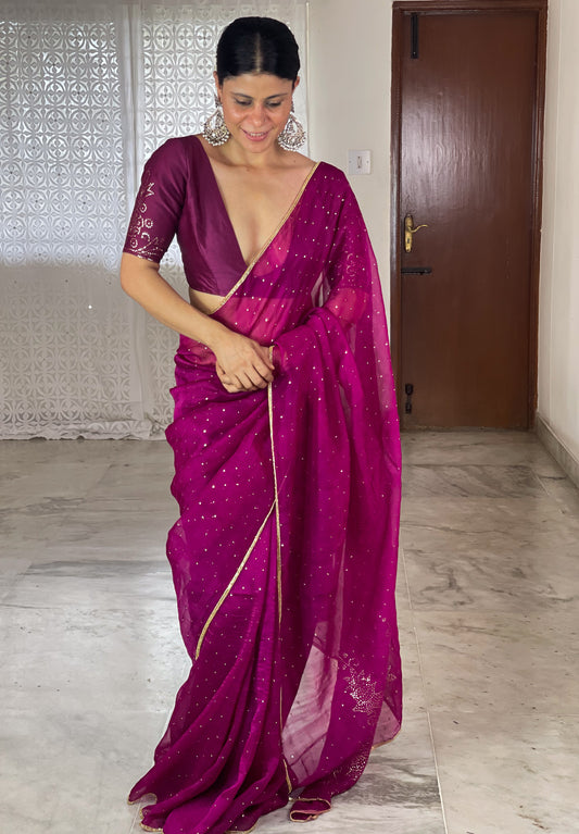 Hand Embroidered Mukaish Work  Organza Silk Saree