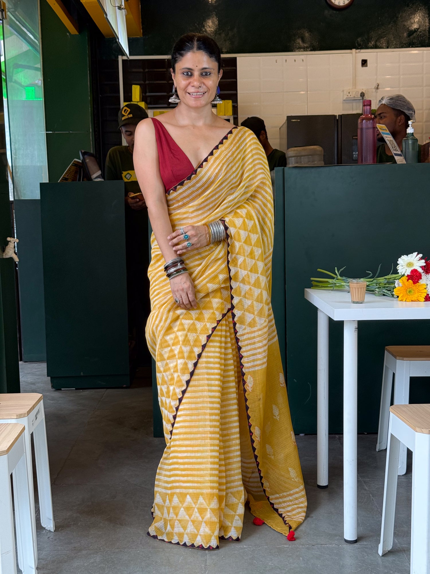 Hand block & Applique Hand Embroidered Kota Doria Saree