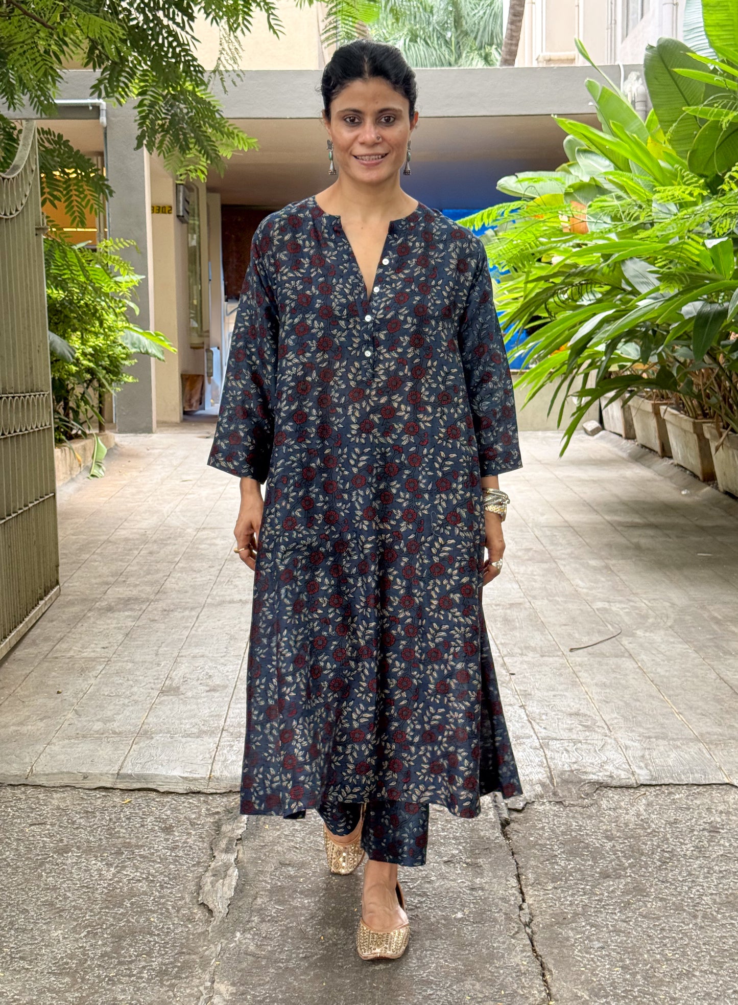 Handblock Printed Natural Dyed Ajrakh Chanderi Silk Kalidar Kurta
