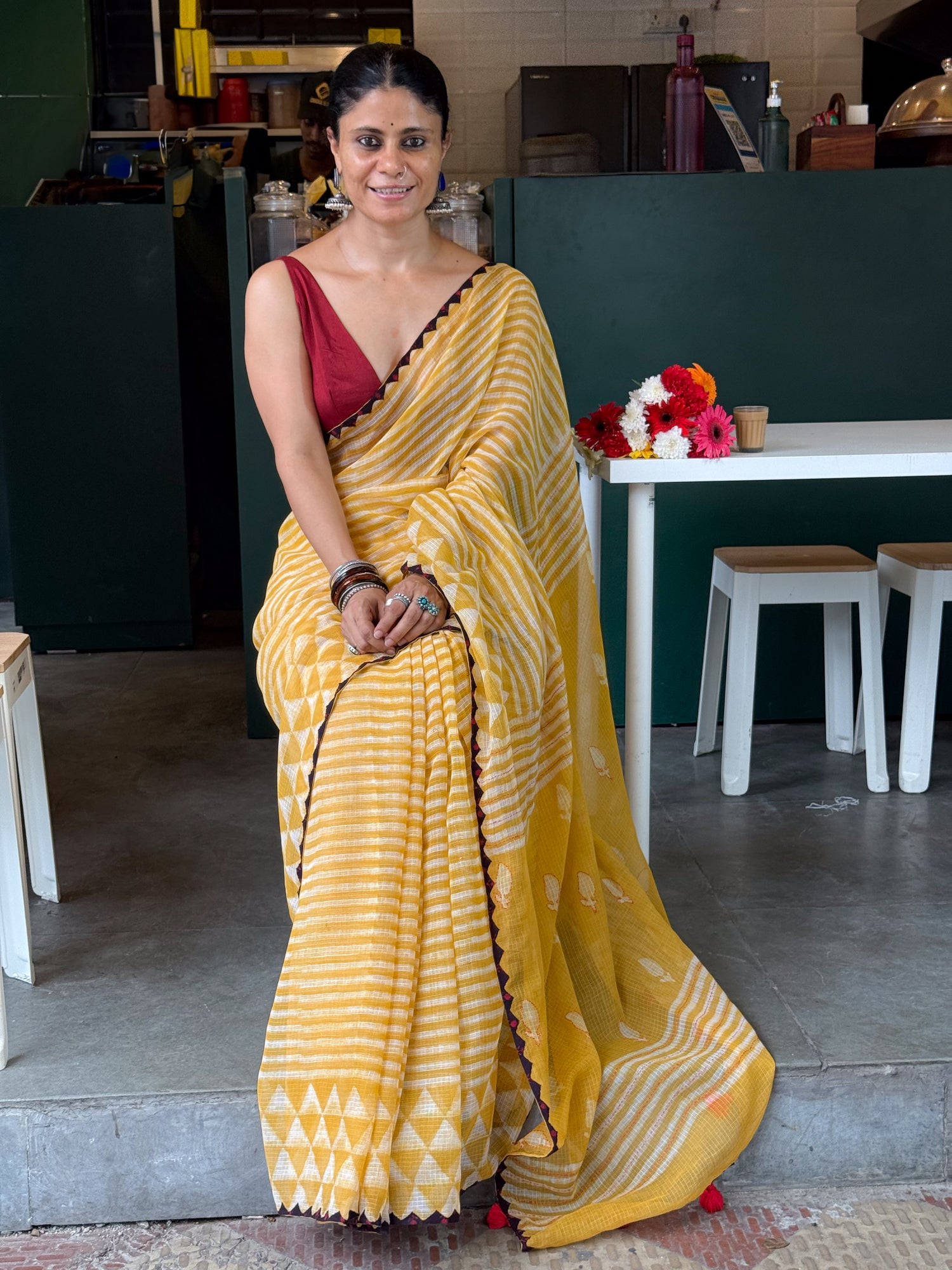 Hand block & Applique Hand Embroidered Kota Doria Saree