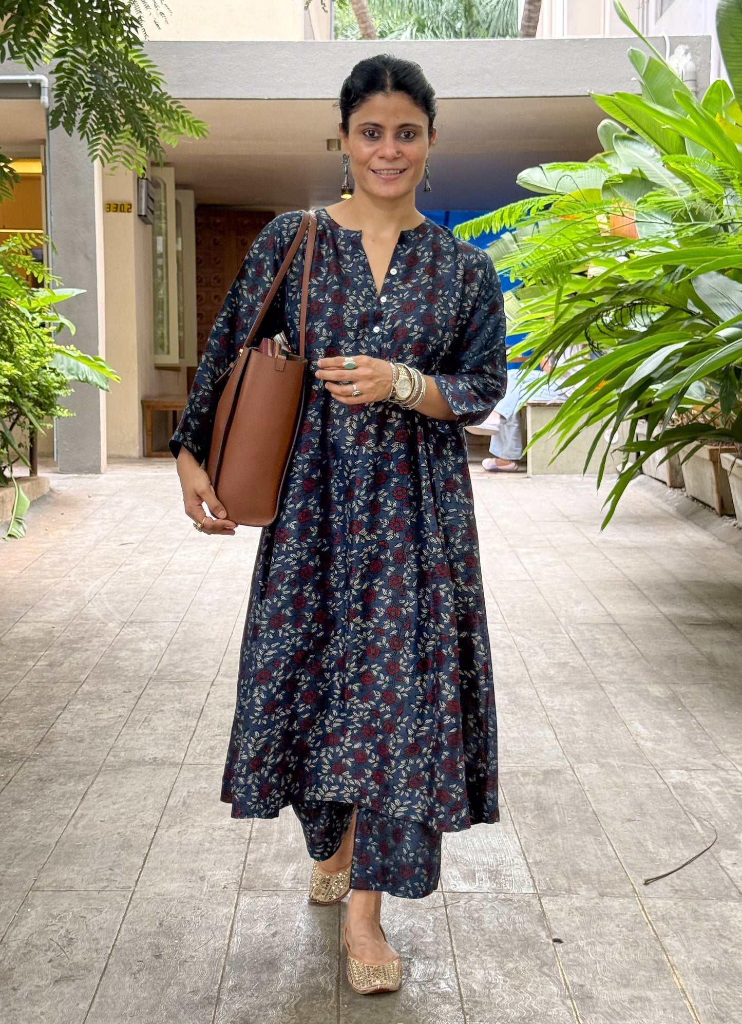 Handblock Printed Natural Dyed Ajrakh Chanderi Silk Kalidar Kurta