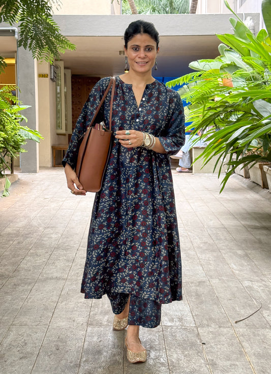Handblock Printed Natural Dyed Ajrakh Chanderi Silk Kalidar Kurta