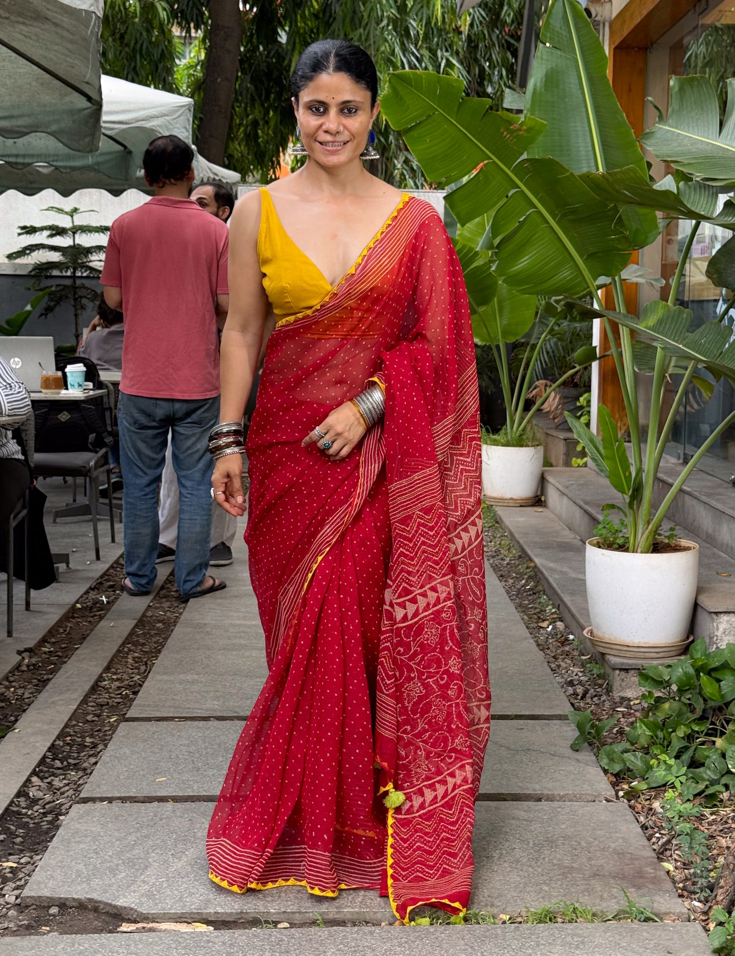 Hand block & Applique Hand Embroidered Kota Doria Saree