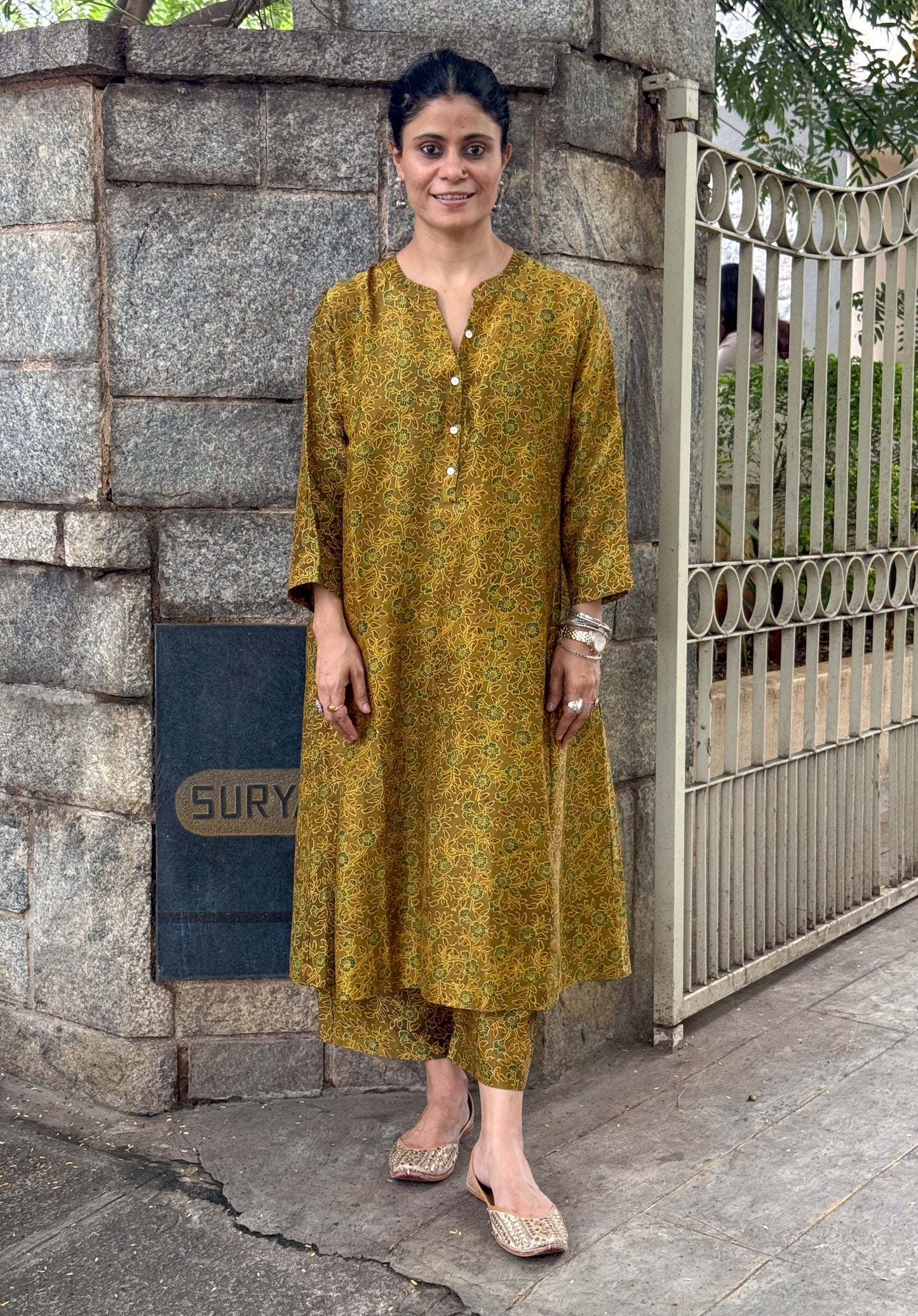 Handblock Printed Natural Dyed Ajrakh Chanderi Silk Kalidar Kurta