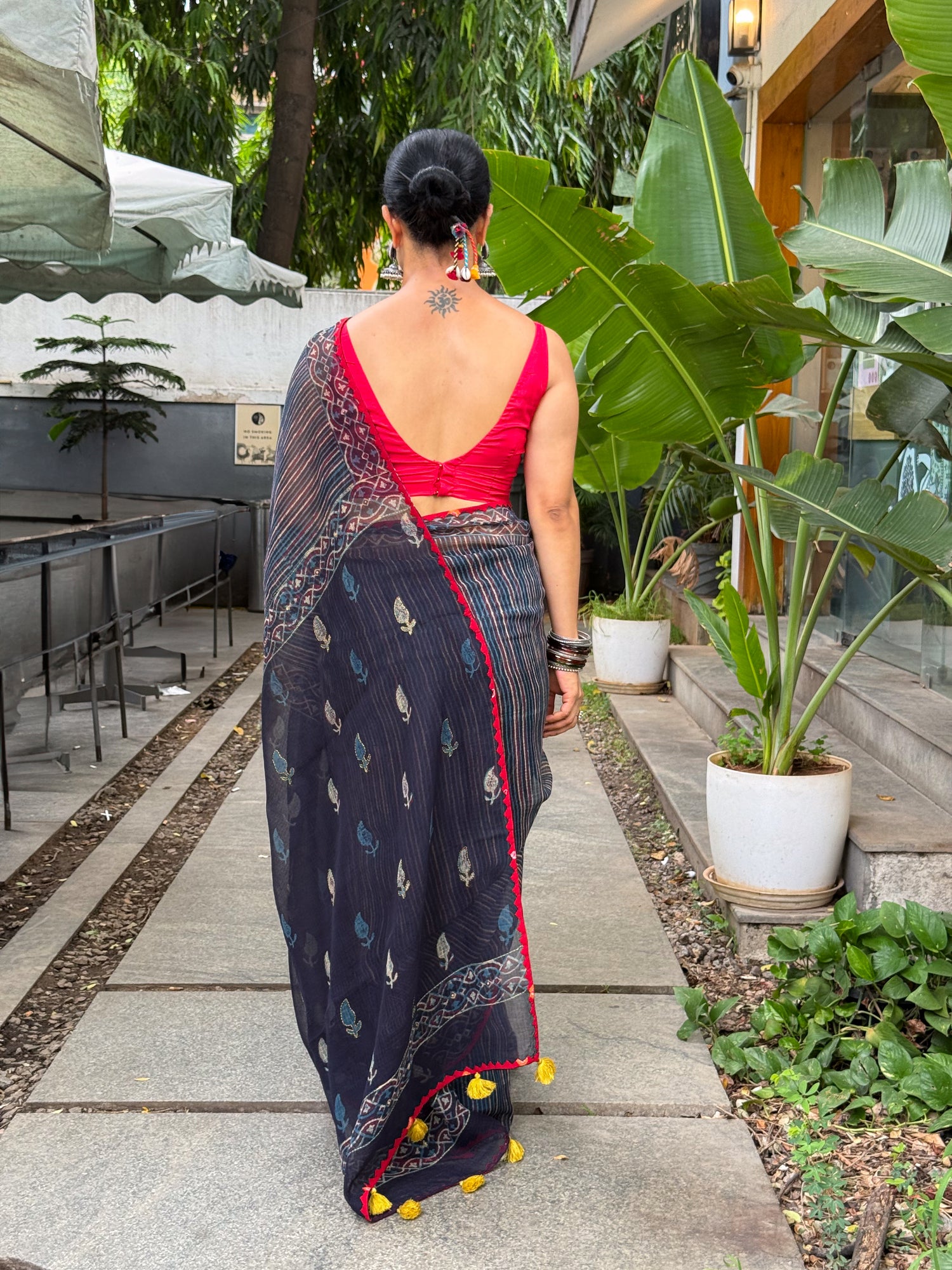Hand block & Applique Hand Embroidered Kota Doria Saree