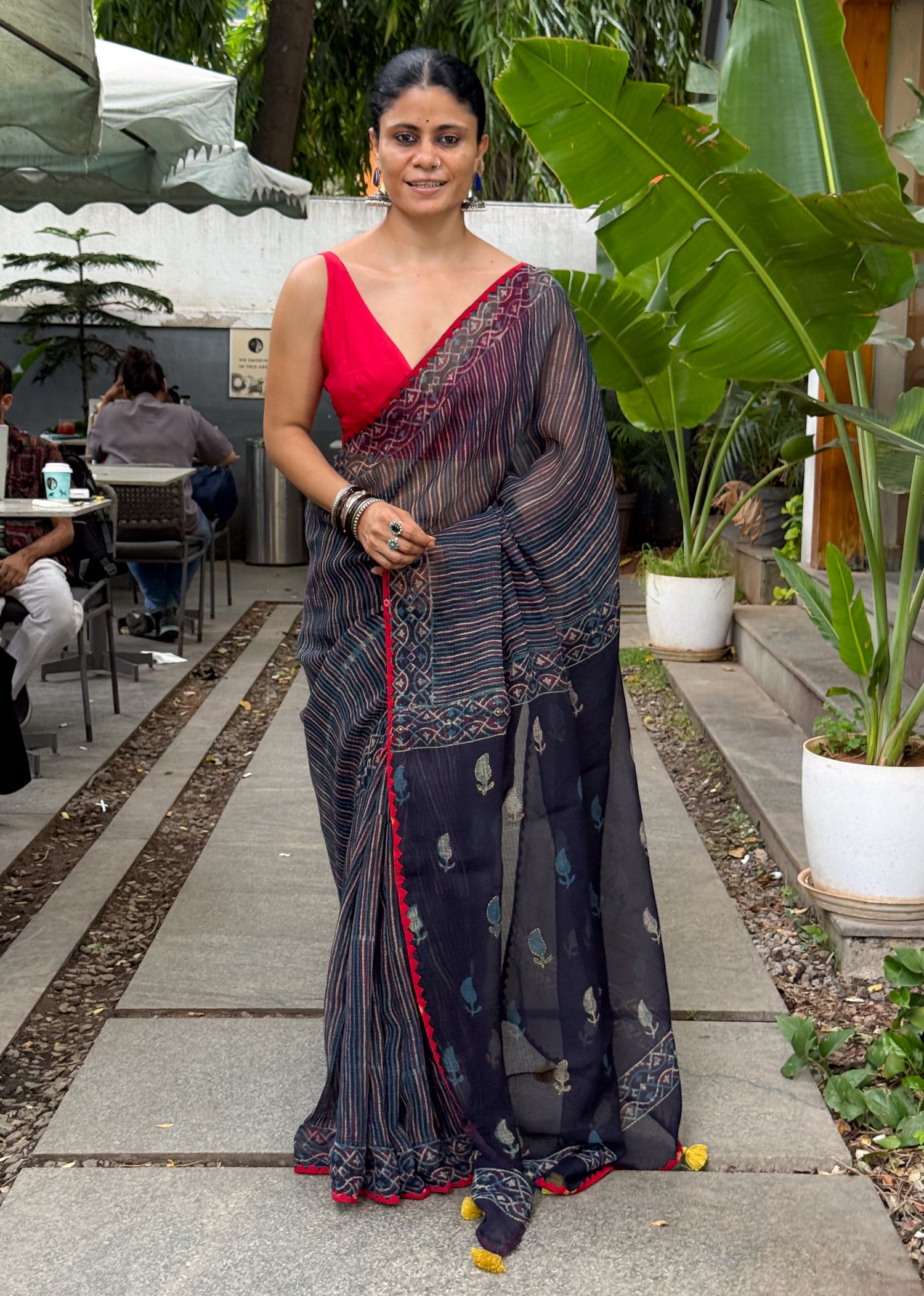 Hand block & Applique Hand Embroidered Kota Doria Saree