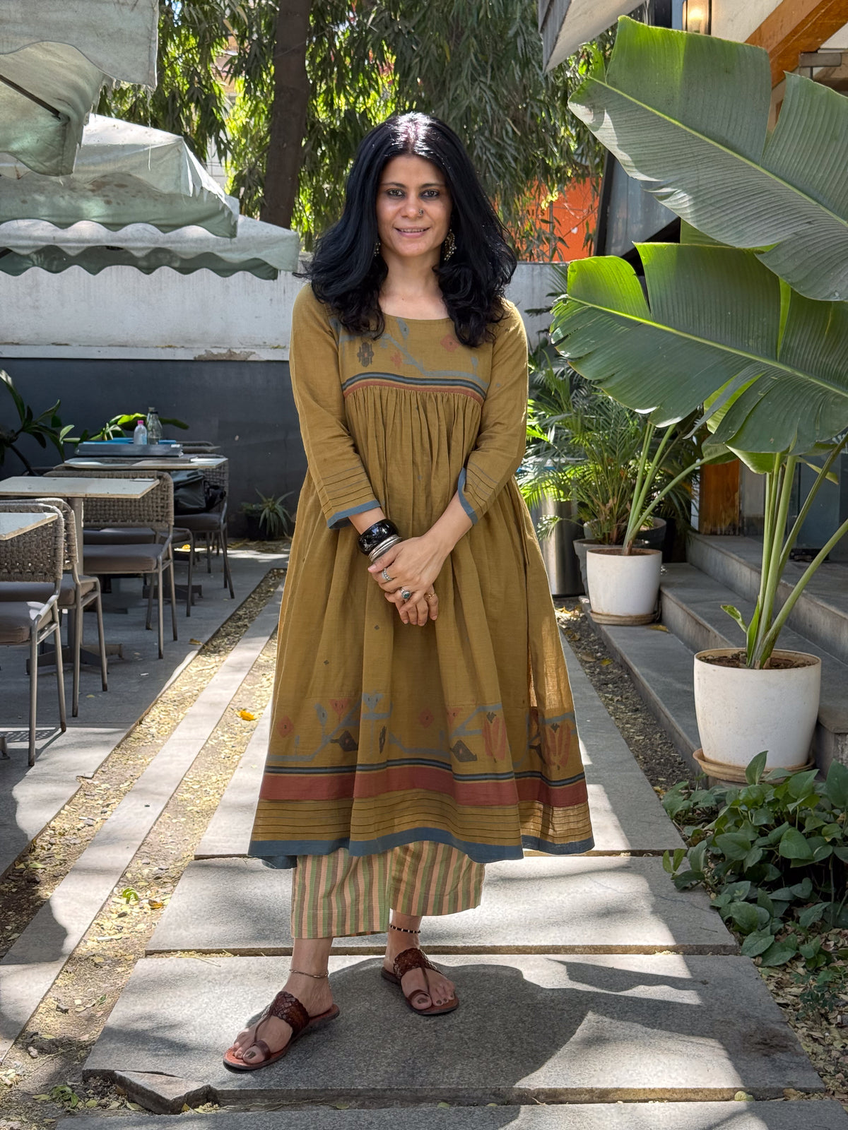 Handwoven Jamdani Kalidar Kurta With Lining.