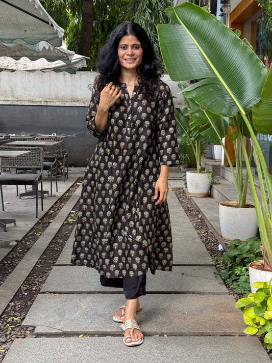 Handblock Printed Natural Dyed Ajrakh Chanderi Silk Kalidar Kurta