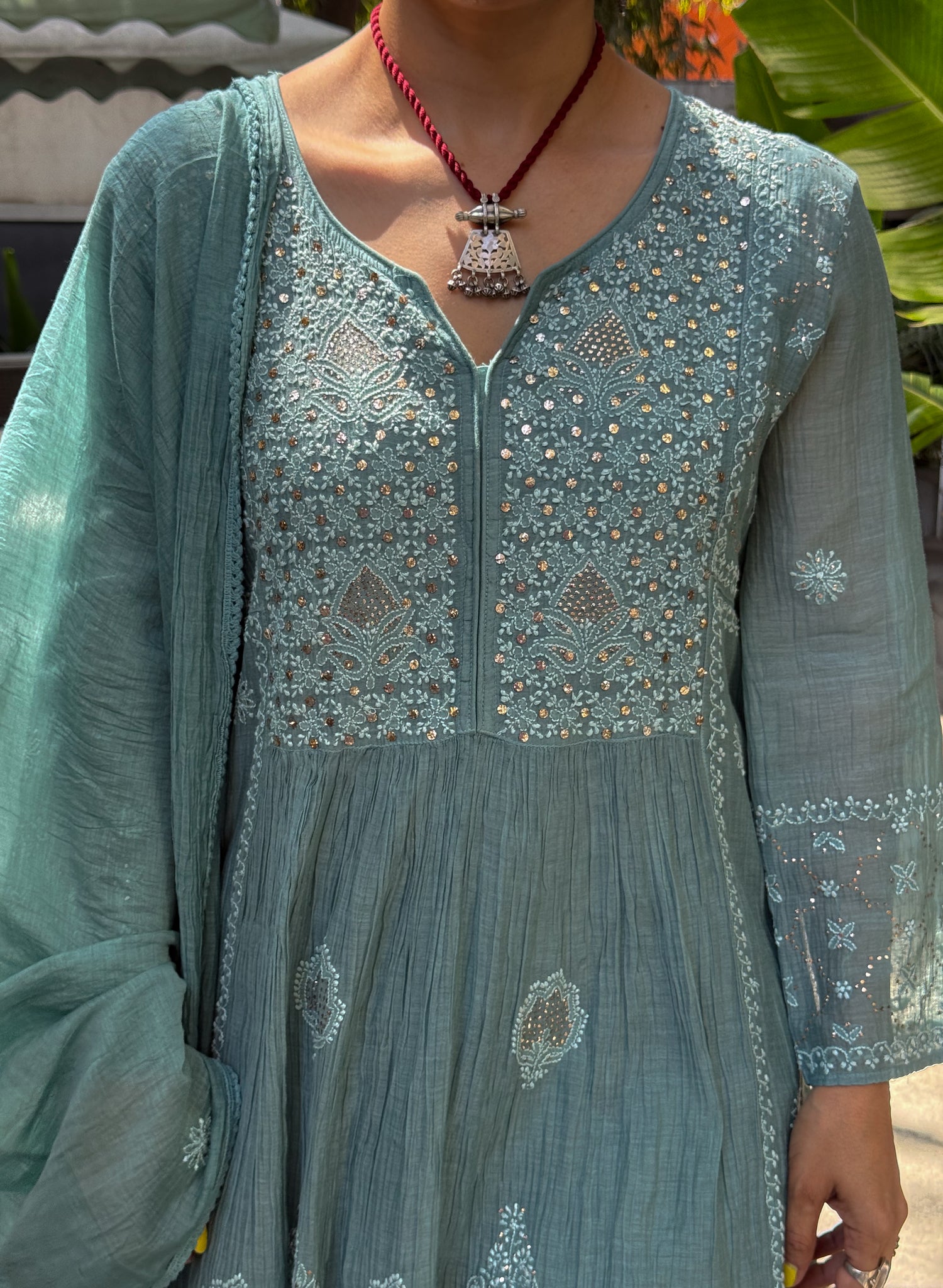 Pure Chanderi Muslin Chikankari & Beads Embroidered Kurta & Dupatta