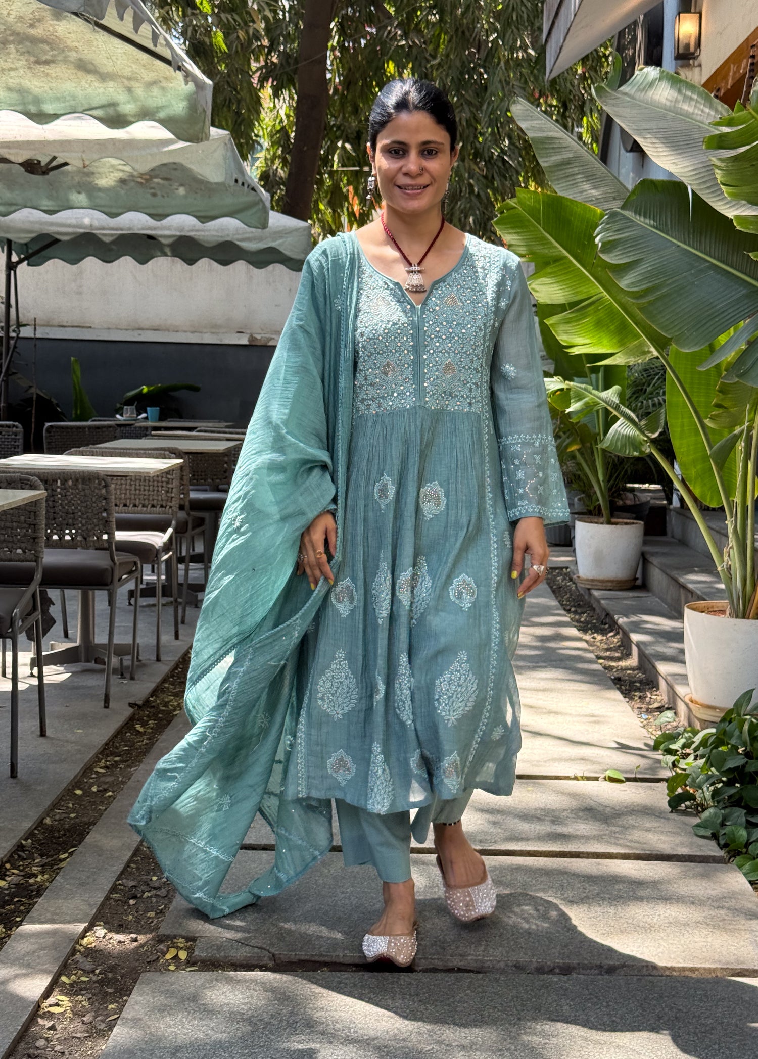 Pure Chanderi Muslin Chikankari & Beads Embroidered Kurta & Dupatta