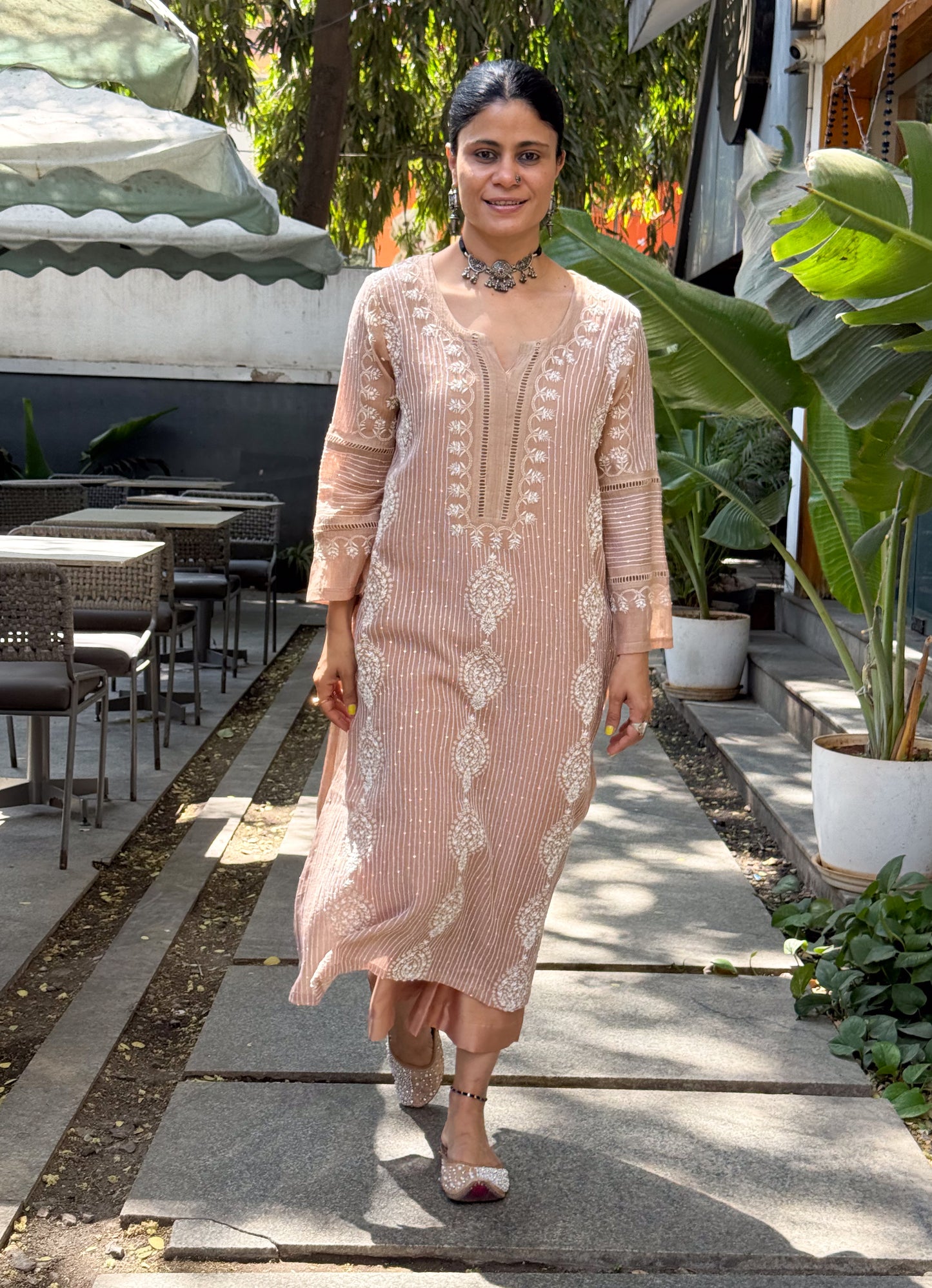 Pure Chanderi Muslin Chikankari & Beads Embroidered Kurta & Dupatta