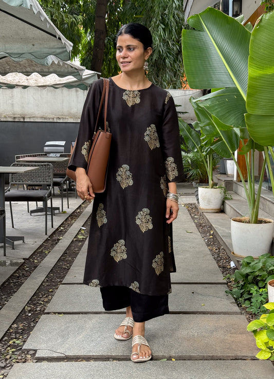 Handblock Printed Natural Dyed Ajrakh Chanderi Silk  Kurta
