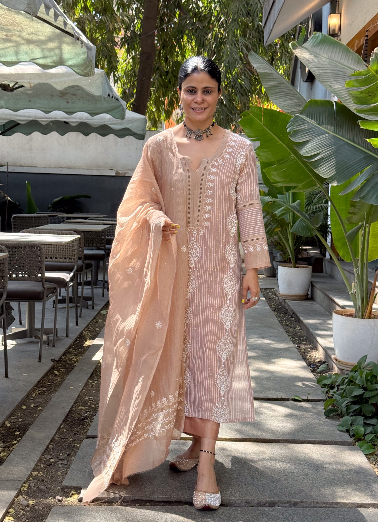 Pure Chanderi Muslin Chikankari & Beads Embroidered Kurta & Dupatta