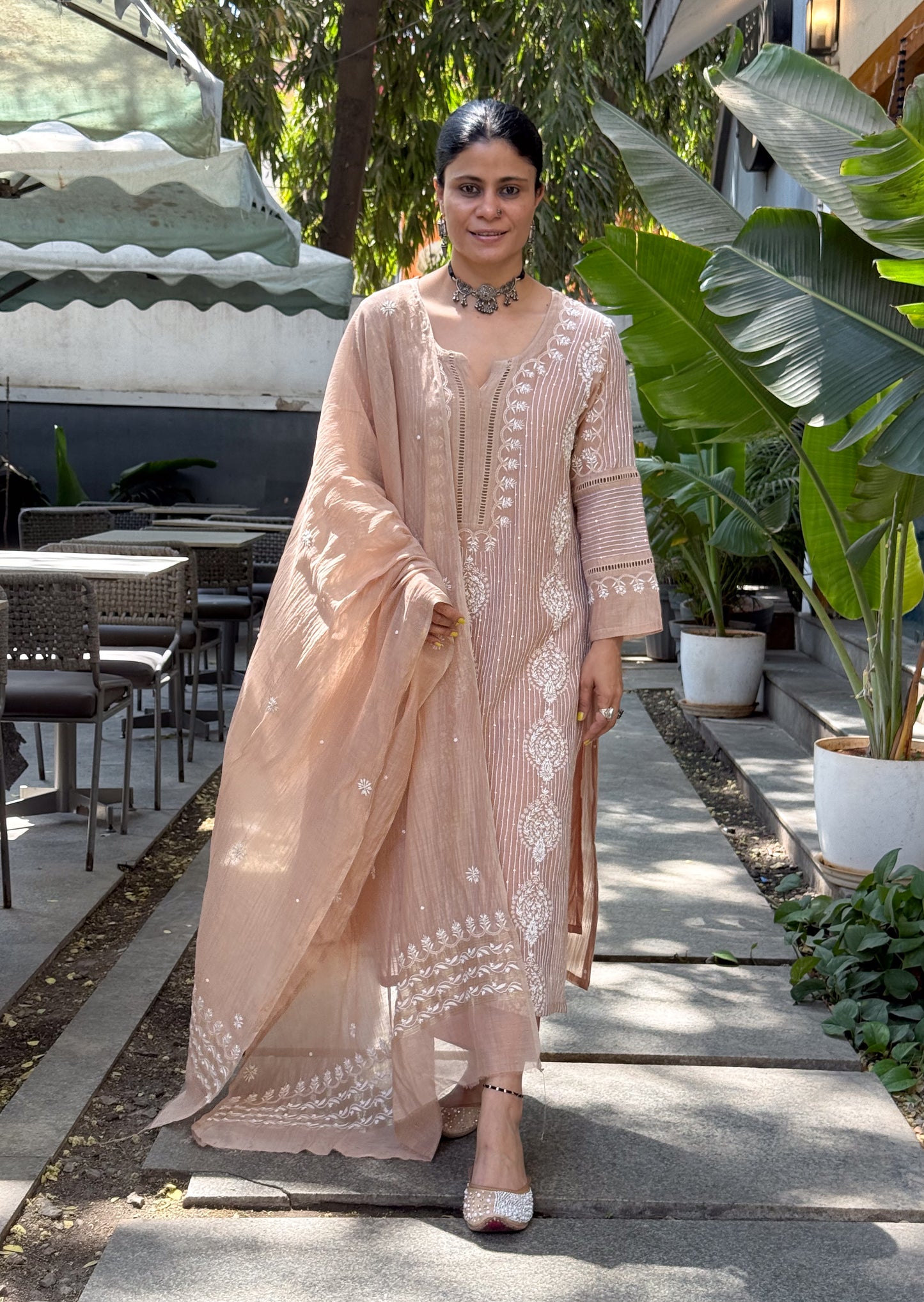 Pure Chanderi Muslin Chikankari & Beads Embroidered Kurta & Dupatta