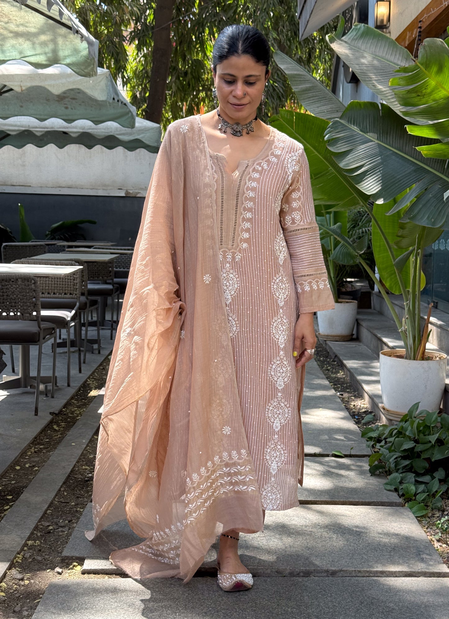 Pure Chanderi Muslin Chikankari & Beads Embroidered Kurta & Dupatta