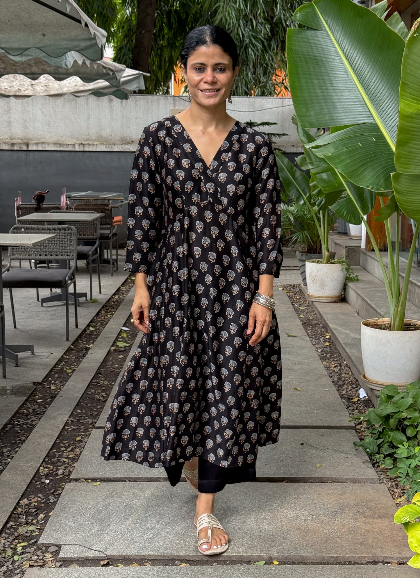 Handblock Printed Natural Dyed Ajrakh Chanderi Silk Kalidar Kurta